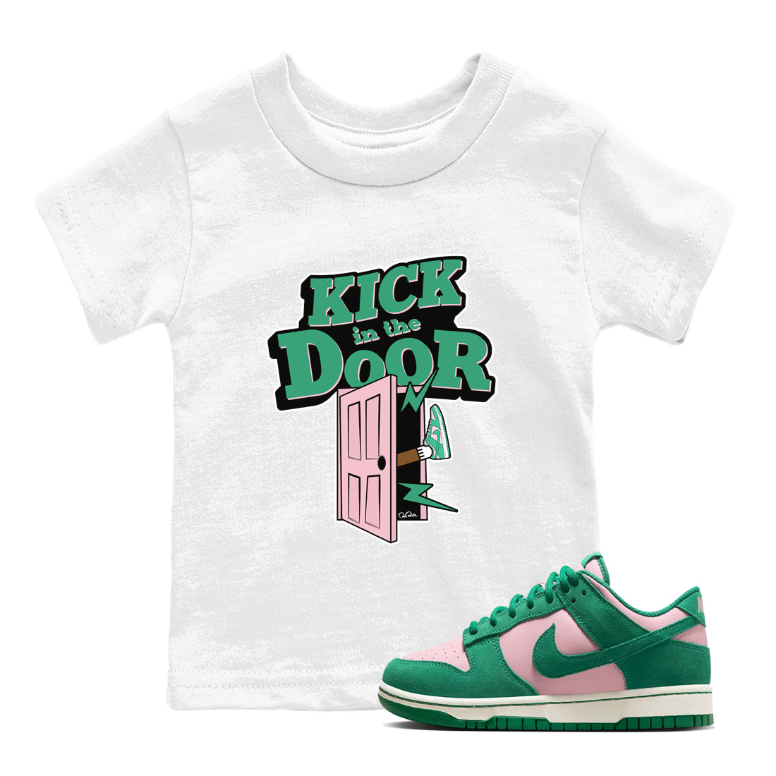 Dunk Low Medium Soft Pink Malachite shirt to match jordans Kick In The Door sneaker tees Dunk Medium Soft Pink Malachite SNRT sneaker release tees baby toddler White 1 cotton Shirt