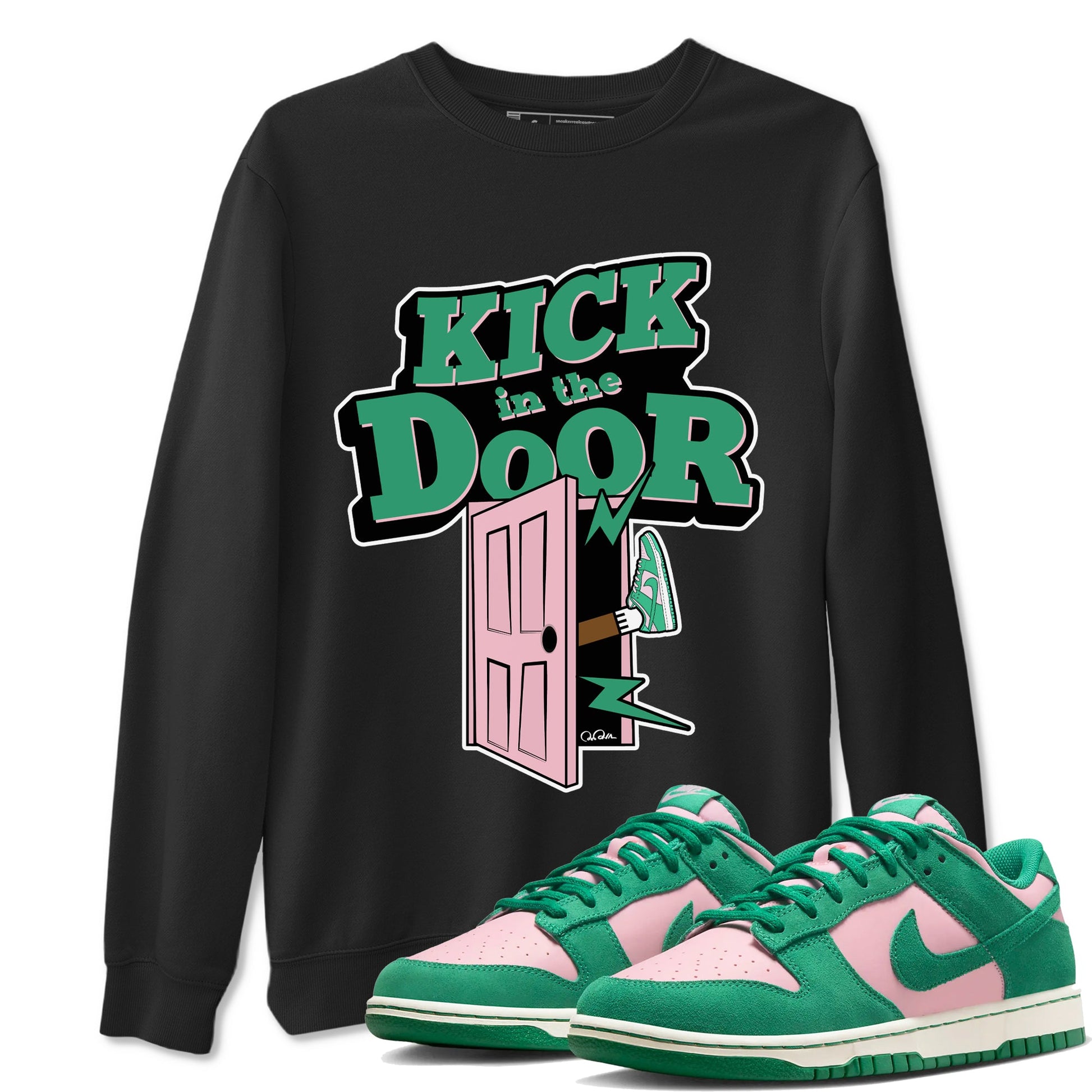 Dunk Low Medium Soft Pink Malachite shirt to match jordans Kick In The Door sneaker tees Dunk Medium Soft Pink Malachite SNRT Sneaker Release Tees unisex cotton Black 1 crew neck shirt