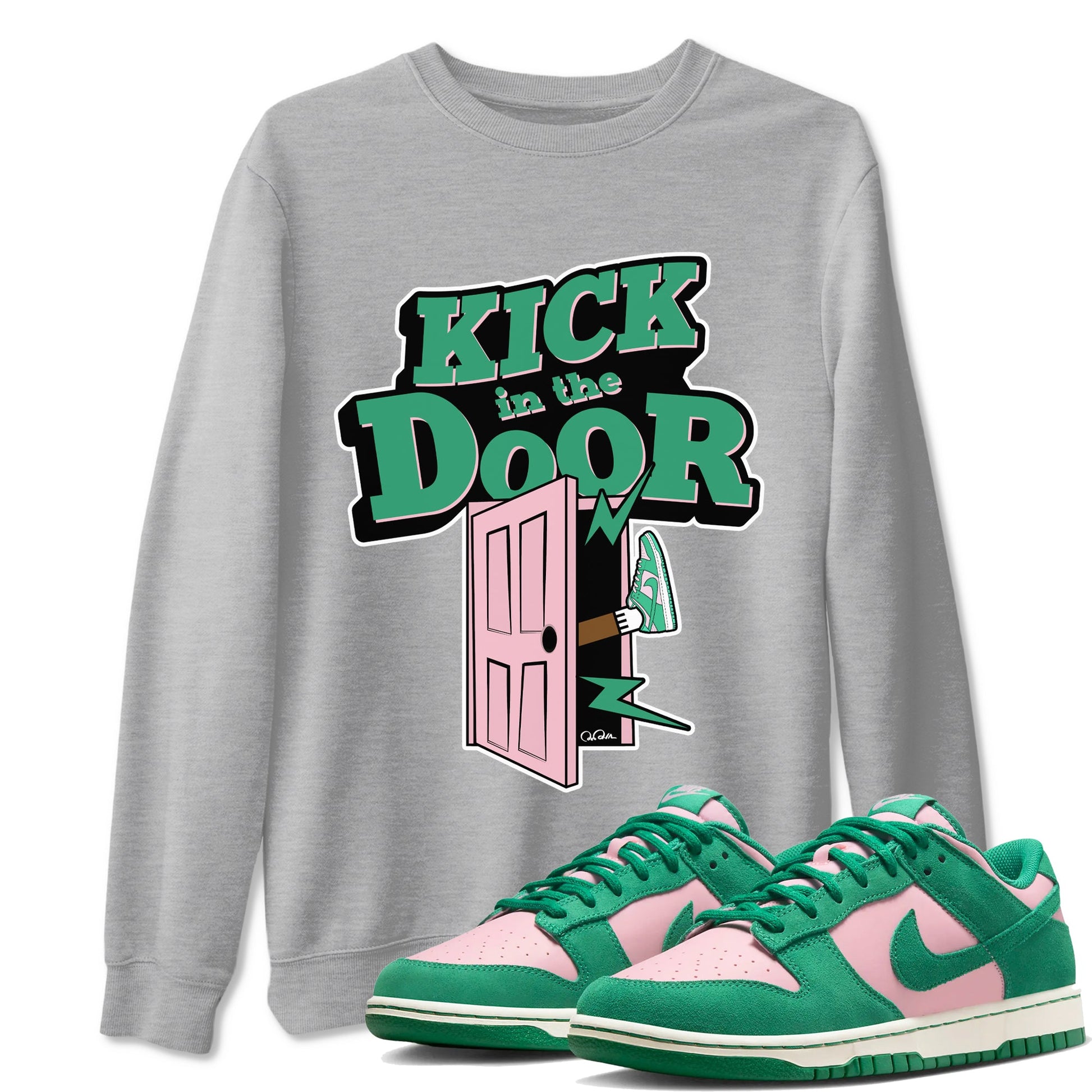 Dunk Low Medium Soft Pink Malachite shirt to match jordans Kick In The Door sneaker tees Dunk Medium Soft Pink Malachite SNRT Sneaker Release Tees unisex cotton Heather Grey 1 crew neck shirt