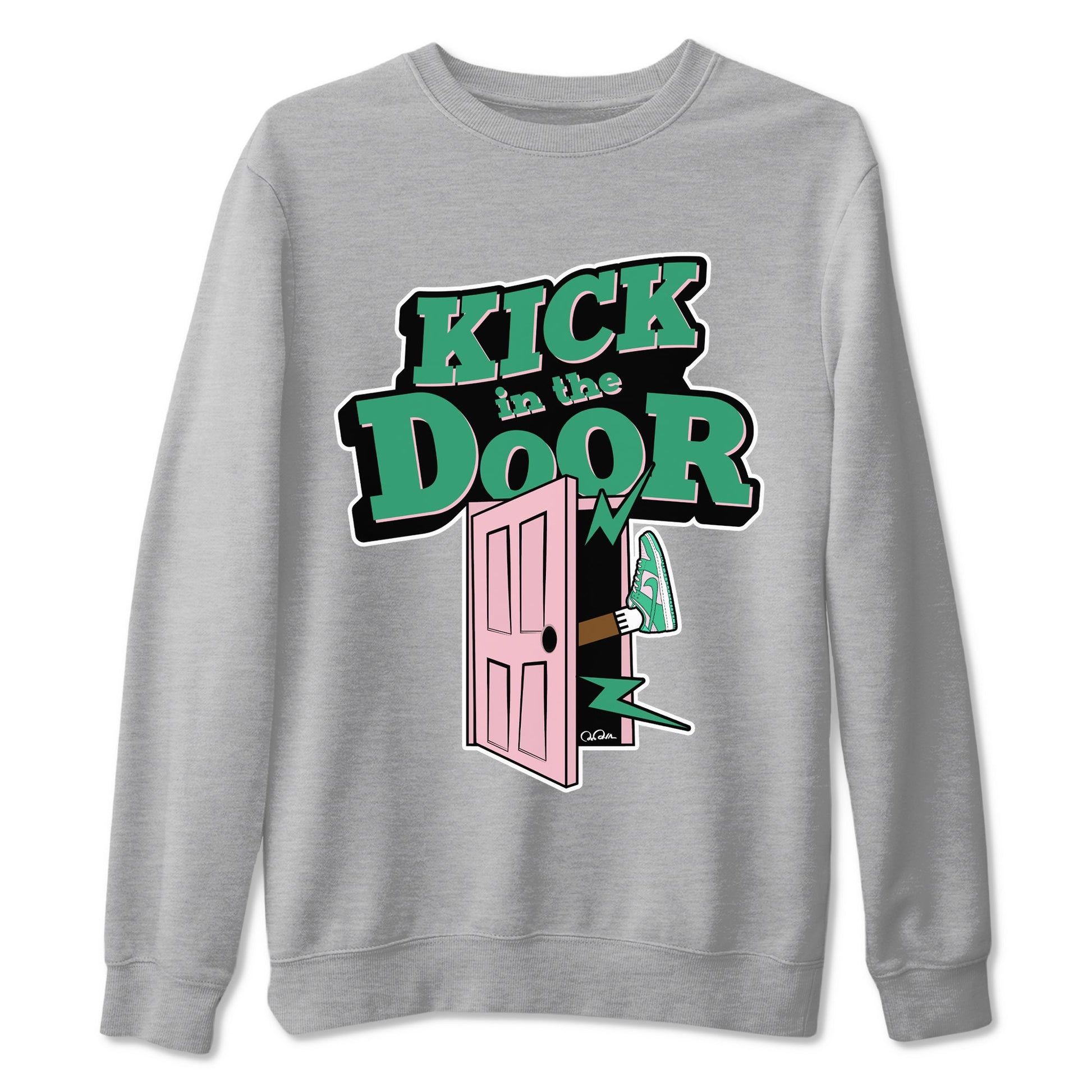 Dunk Low Medium Soft Pink Malachite shirt to match jordans Kick In The Door sneaker tees Dunk Medium Soft Pink Malachite SNRT Sneaker Release Tees unisex cotton Heather Grey 2 crew neck shirt