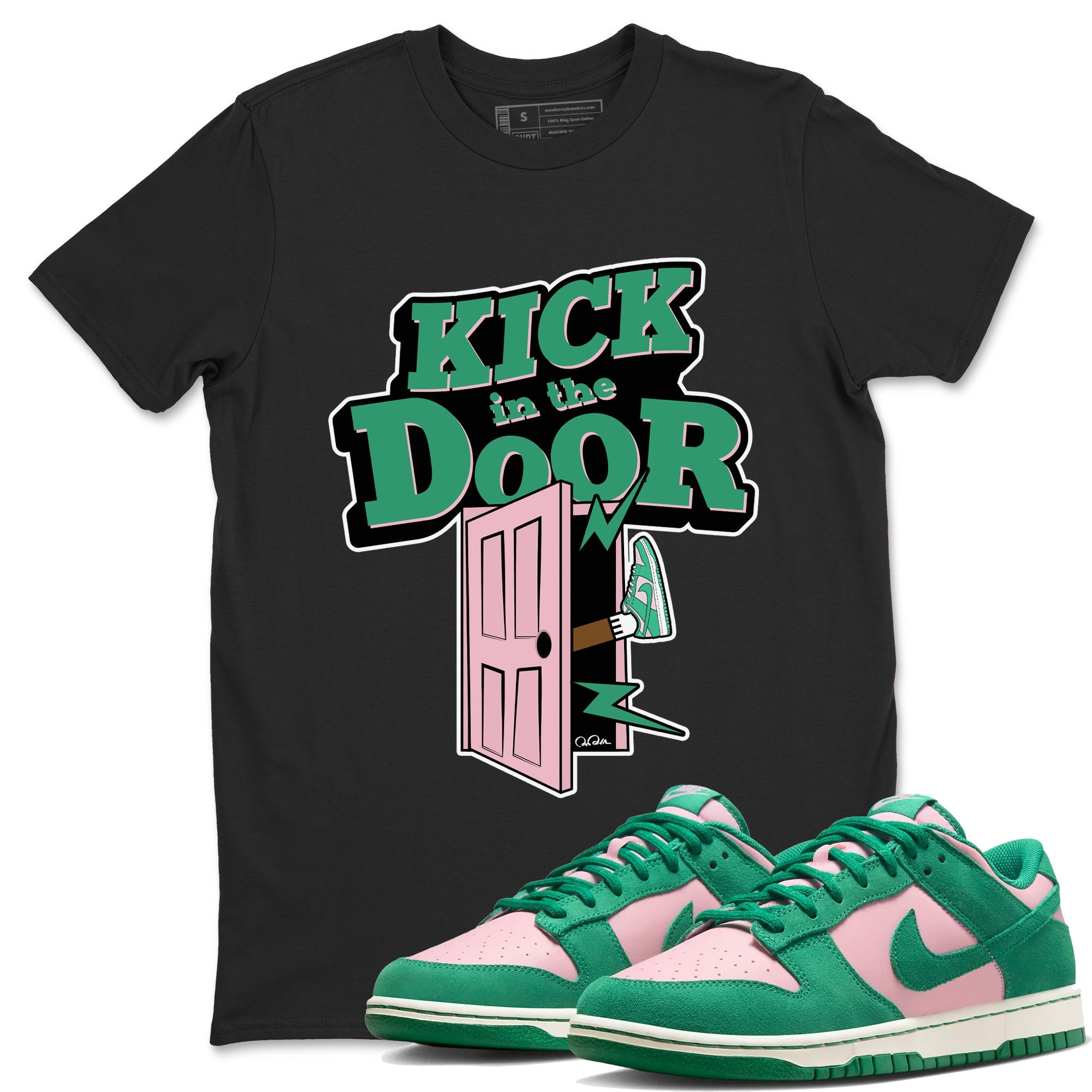 Dunk Low Medium Soft Pink Malachite shirt to match jordans Kick In The Door sneaker tees Dunk Medium Soft Pink Malachite SNRT Sneaker Release Tees unisex cotton Black 1 crew neck shirt