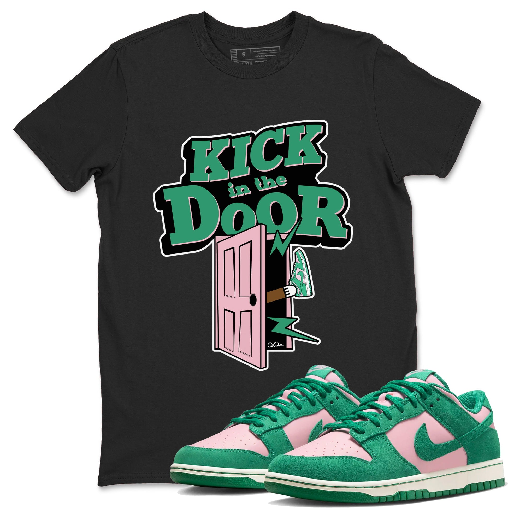 Dunk Low Medium Soft Pink Malachite shirt to match jordans Kick In The Door sneaker tees Dunk Medium Soft Pink Malachite SNRT Sneaker Release Tees unisex cotton Black 1 crew neck shirt