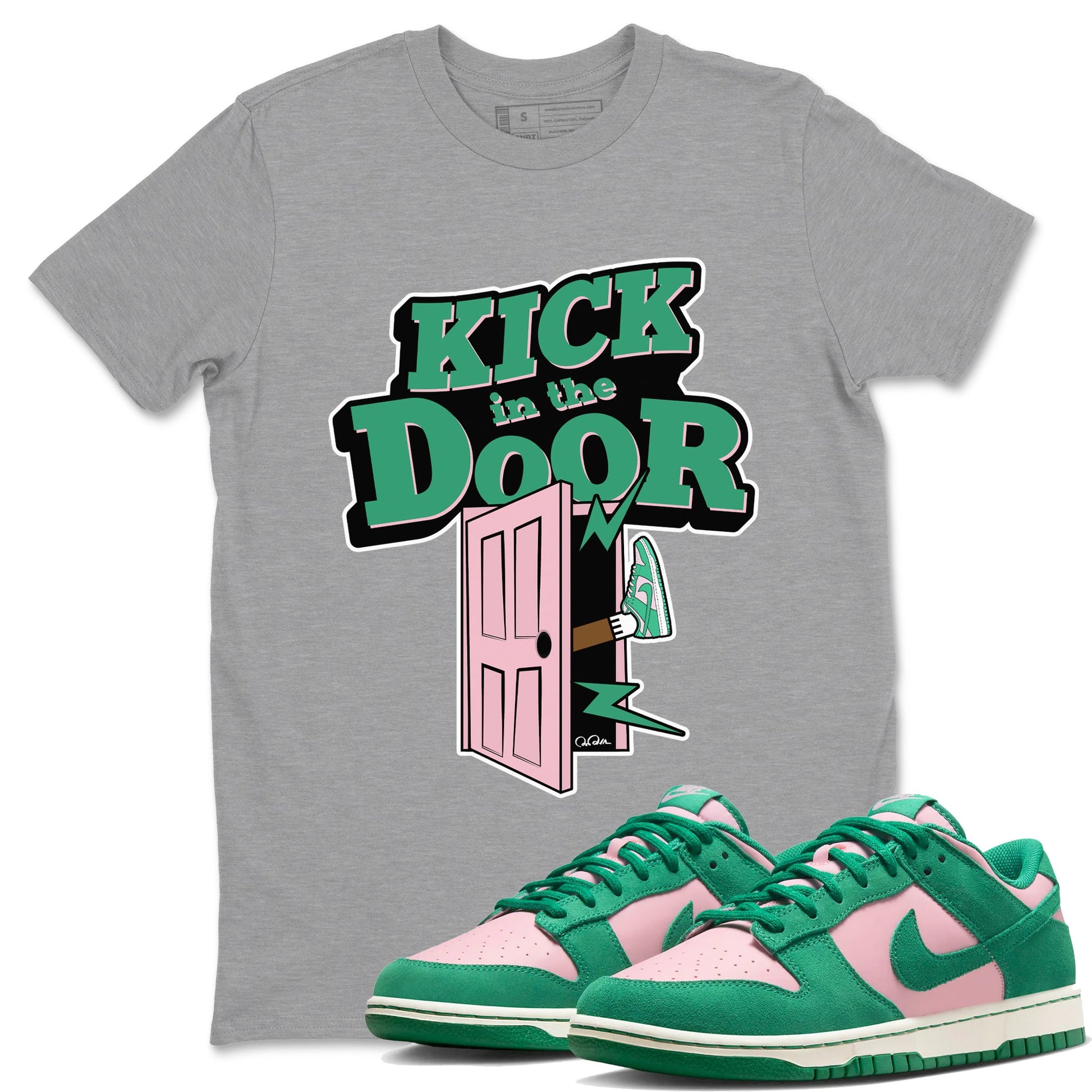 Dunk Low Medium Soft Pink Malachite shirt to match jordans Kick In The Door sneaker tees Dunk Medium Soft Pink Malachite SNRT Sneaker Release Tees unisex cotton Heather Grey 1 crew neck shirt