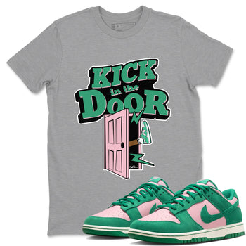 Dunk Low Medium Soft Pink Malachite shirt to match jordans Kick In The Door sneaker tees Dunk Medium Soft Pink Malachite SNRT Sneaker Release Tees unisex cotton Heather Grey 1 crew neck shirt