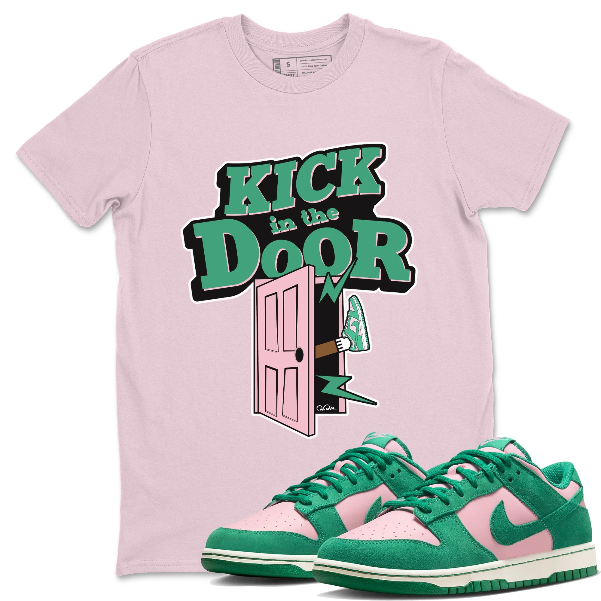 Dunk Low Medium Soft Pink Malachite shirt to match jordans Kick In The Door sneaker tees Dunk Medium Soft Pink Malachite SNRT Sneaker Release Tees unisex cotton Pink 1 crew neck shirt