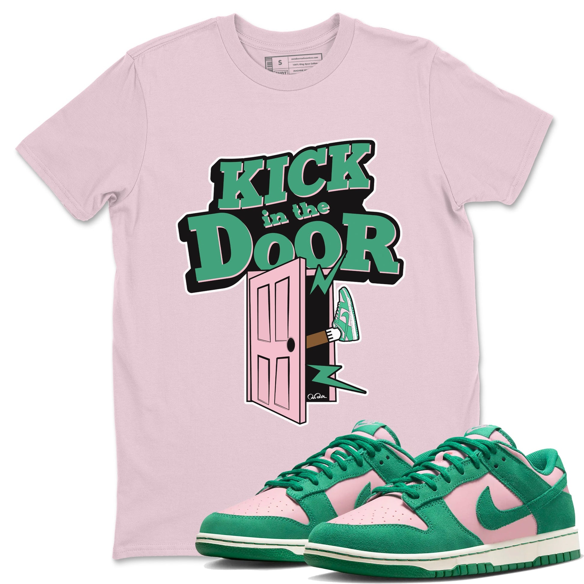 Dunk Low Medium Soft Pink Malachite shirt to match jordans Kick In The Door sneaker tees Dunk Medium Soft Pink Malachite SNRT Sneaker Release Tees unisex cotton Pink 1 crew neck shirt