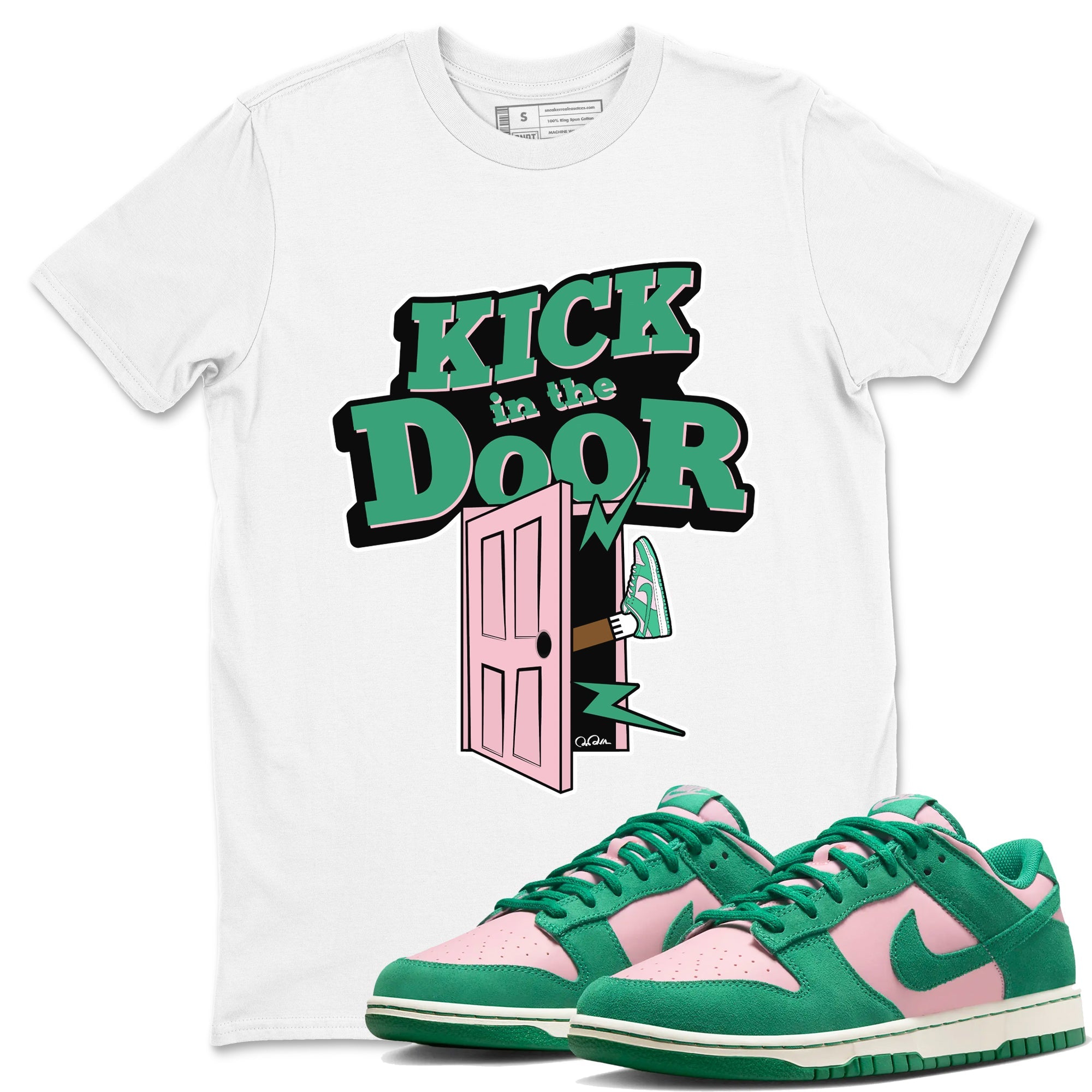 Dunk Low Medium Soft Pink Malachite shirt to match jordans Kick In The Door sneaker tees Dunk Medium Soft Pink Malachite SNRT Sneaker Release Tees unisex cotton White 1 crew neck shirt