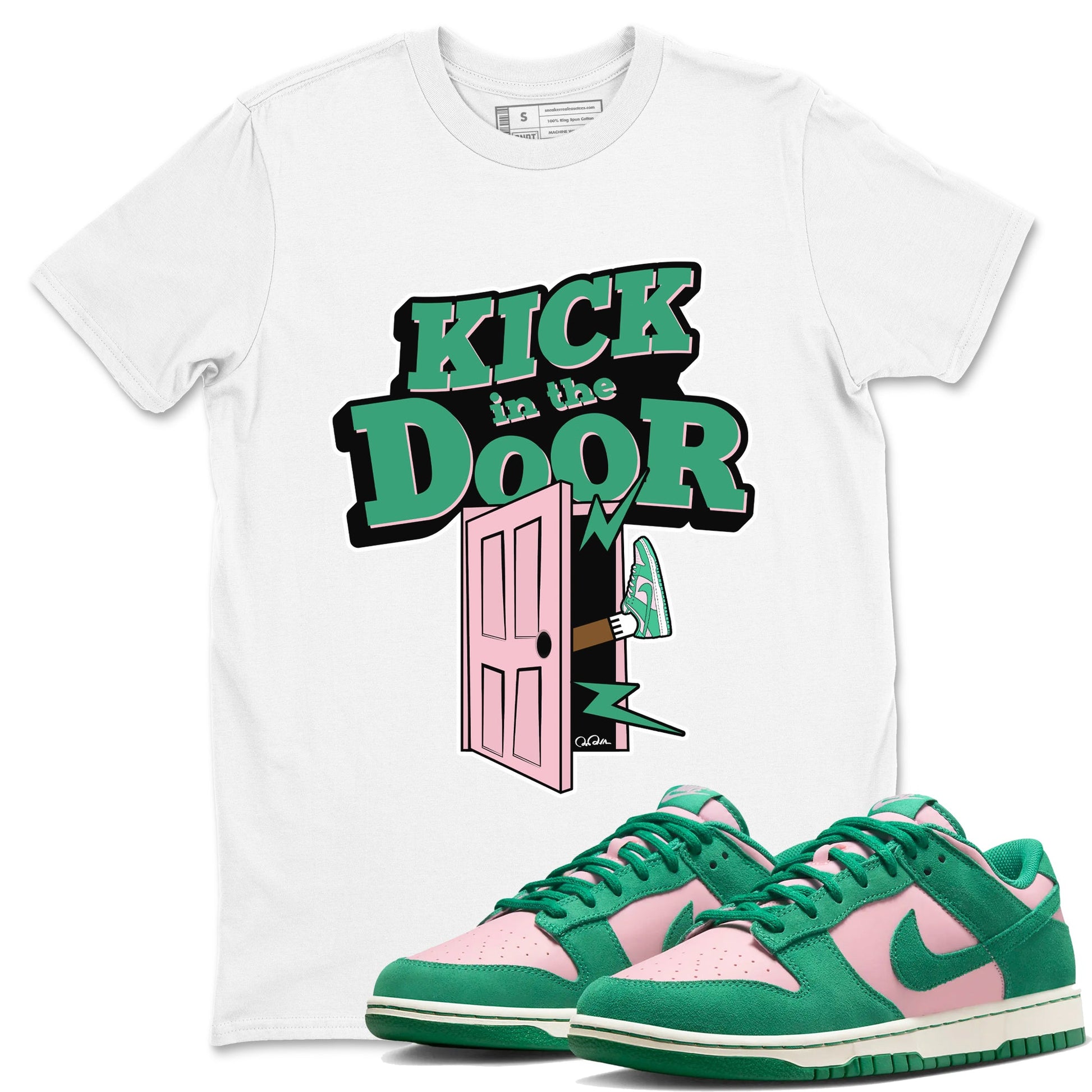 Dunk Low Medium Soft Pink Malachite shirt to match jordans Kick In The Door sneaker tees Dunk Medium Soft Pink Malachite SNRT Sneaker Release Tees unisex cotton White 1 crew neck shirt