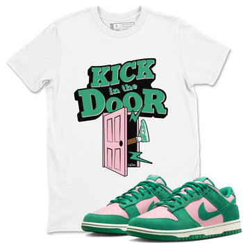 Dunk Low Medium Soft Pink Malachite shirt to match jordans Kick In The Door sneaker tees Dunk Medium Soft Pink Malachite SNRT Sneaker Release Tees unisex cotton White 1 crew neck shirt