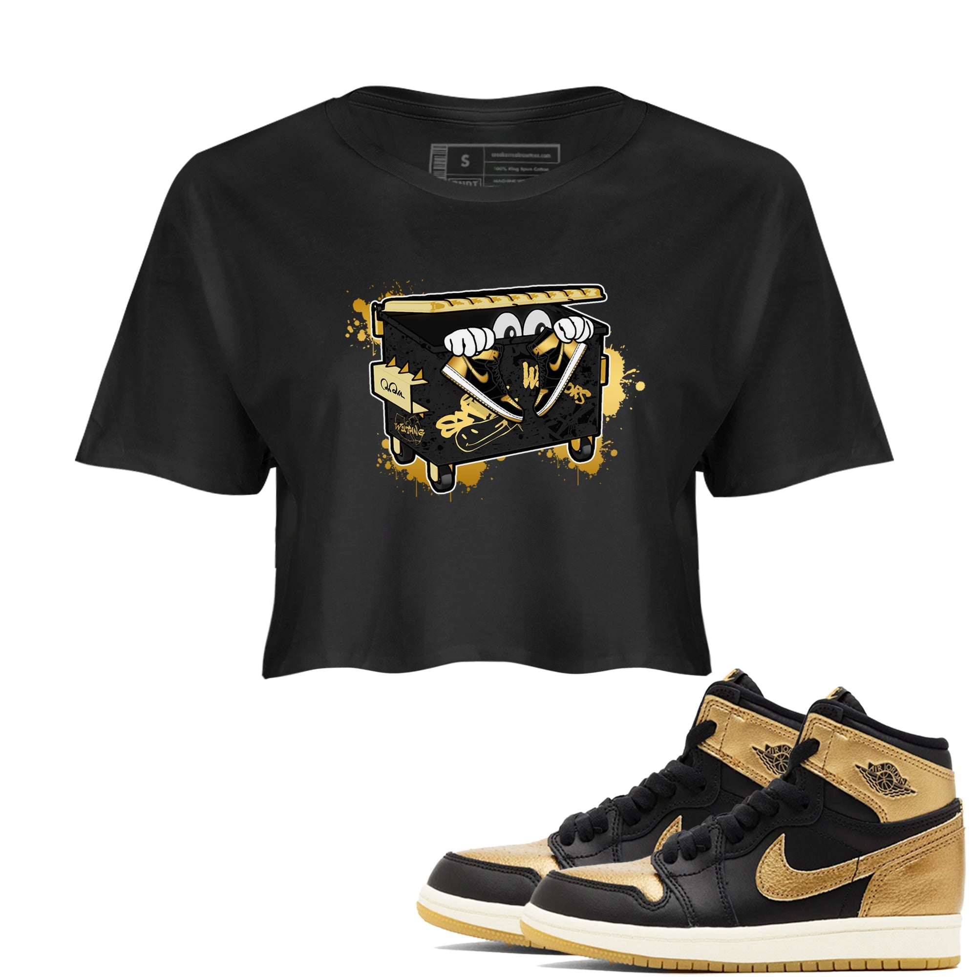 1s Black Metallic Gold shirts to match jordans Kick Trash sneaker match tees Air Jordan 1 Black Metallic Gold SNRT Sneaker Tees streetwear brand Black 1 crop tee