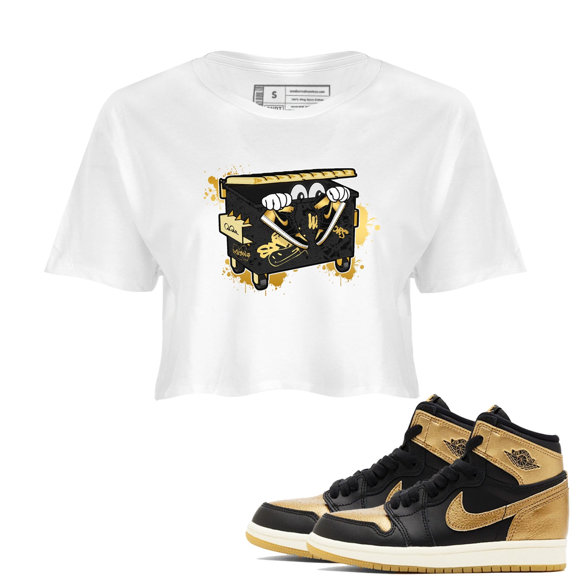1s Black Metallic Gold shirts to match jordans Kick Trash sneaker match tees Air Jordan 1 Black Metallic Gold SNRT Sneaker Tees streetwear brand White 1 crop tee