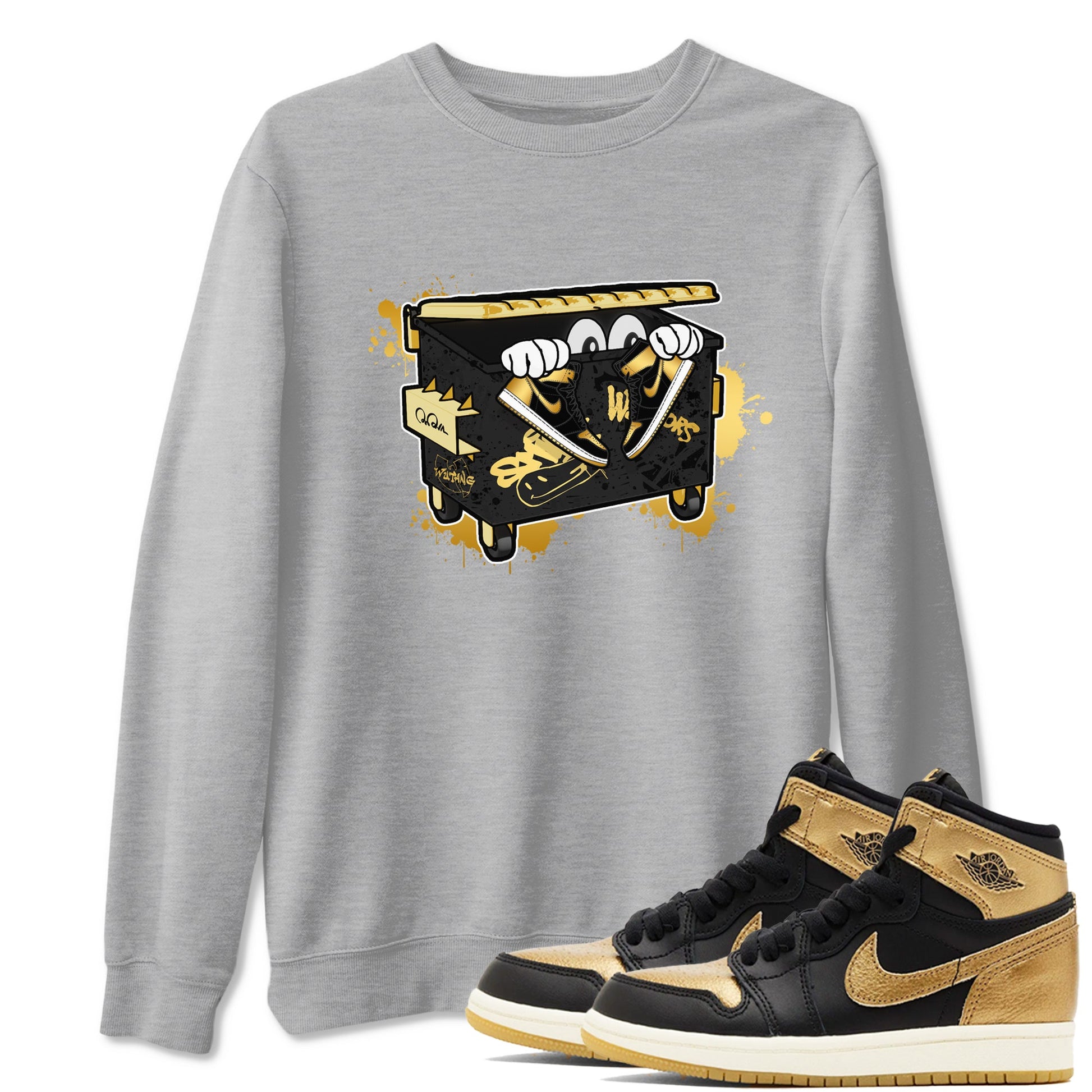 1s Black Metallic Gold shirts to match jordans Kick Trash sneaker match tees Air Jordan 1 Black Metallic Gold SNRT Sneaker Tees streetwear brand Heather Grey 1 unisex cotton tee
