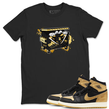 1s Black Metallic Gold shirts to match jordans Kick Trash sneaker match tees Air Jordan 1 Black Metallic Gold SNRT Sneaker Tees streetwear brand Black 1 unisex cotton tee