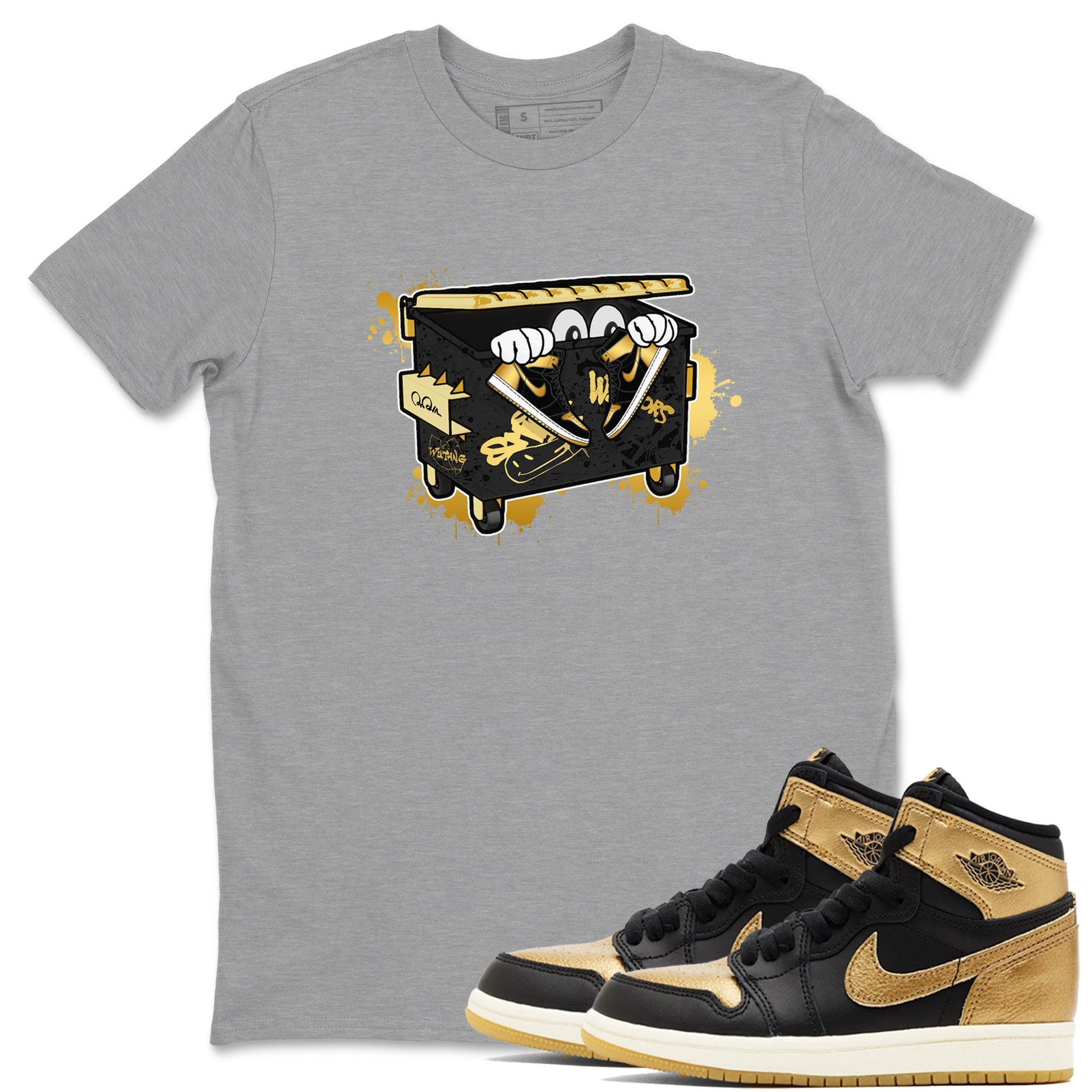 1s Black Metallic Gold shirts to match jordans Kick Trash sneaker match tees Air Jordan 1 Black Metallic Gold SNRT Sneaker Tees streetwear brand Heather Grey 1 unisex cotton tee
