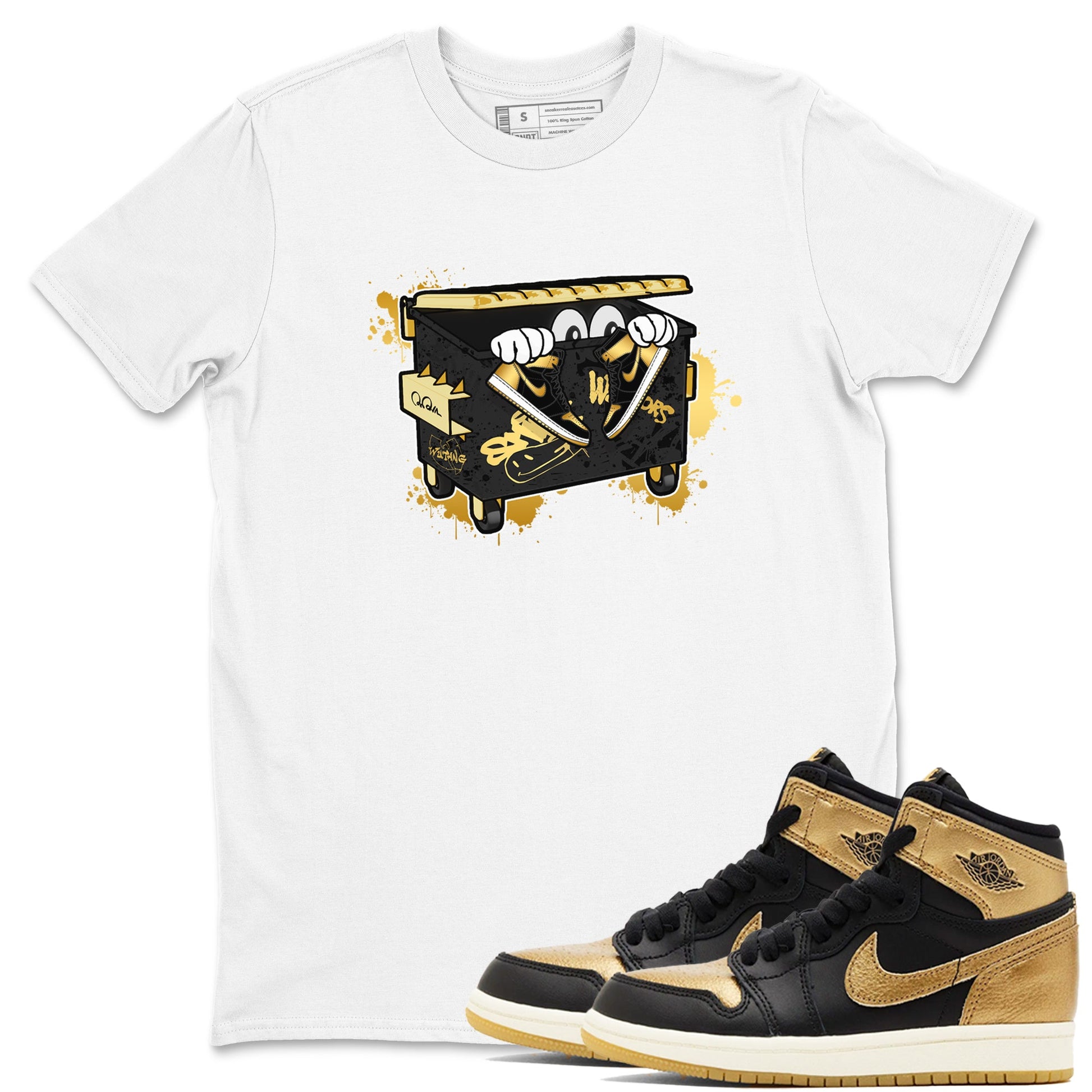 1s Black Metallic Gold shirts to match jordans Kick Trash sneaker match tees Air Jordan 1 Black Metallic Gold SNRT Sneaker Tees streetwear brand White 1 unisex cotton tee