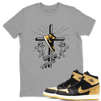 1s Black Metallic Gold shirts to match jordans Kicks Give Pleasures sneaker match tees Jordan 1 High OG Black and Gold SNRT Sneaker Tees streetwear brand Heather Grey 1 unisex cotton tee