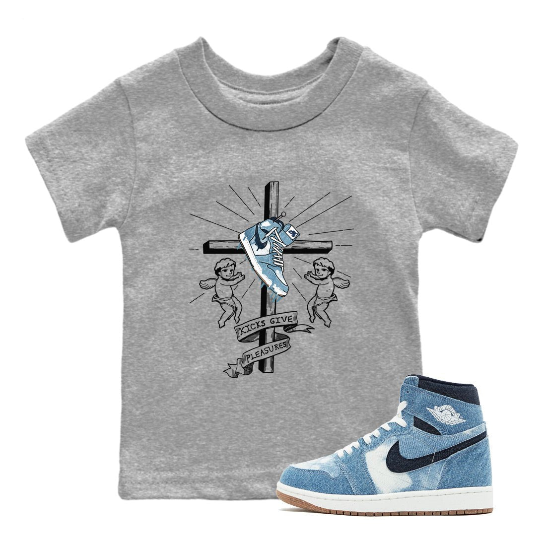 1s Denim shirts to match jordans Kicks Give Pleasures sneaker match tees Air Jordan 1 Denim SNRT Sneaker Tees streetwear brand Baby and Youth Heather Grey 1 cotton tee
