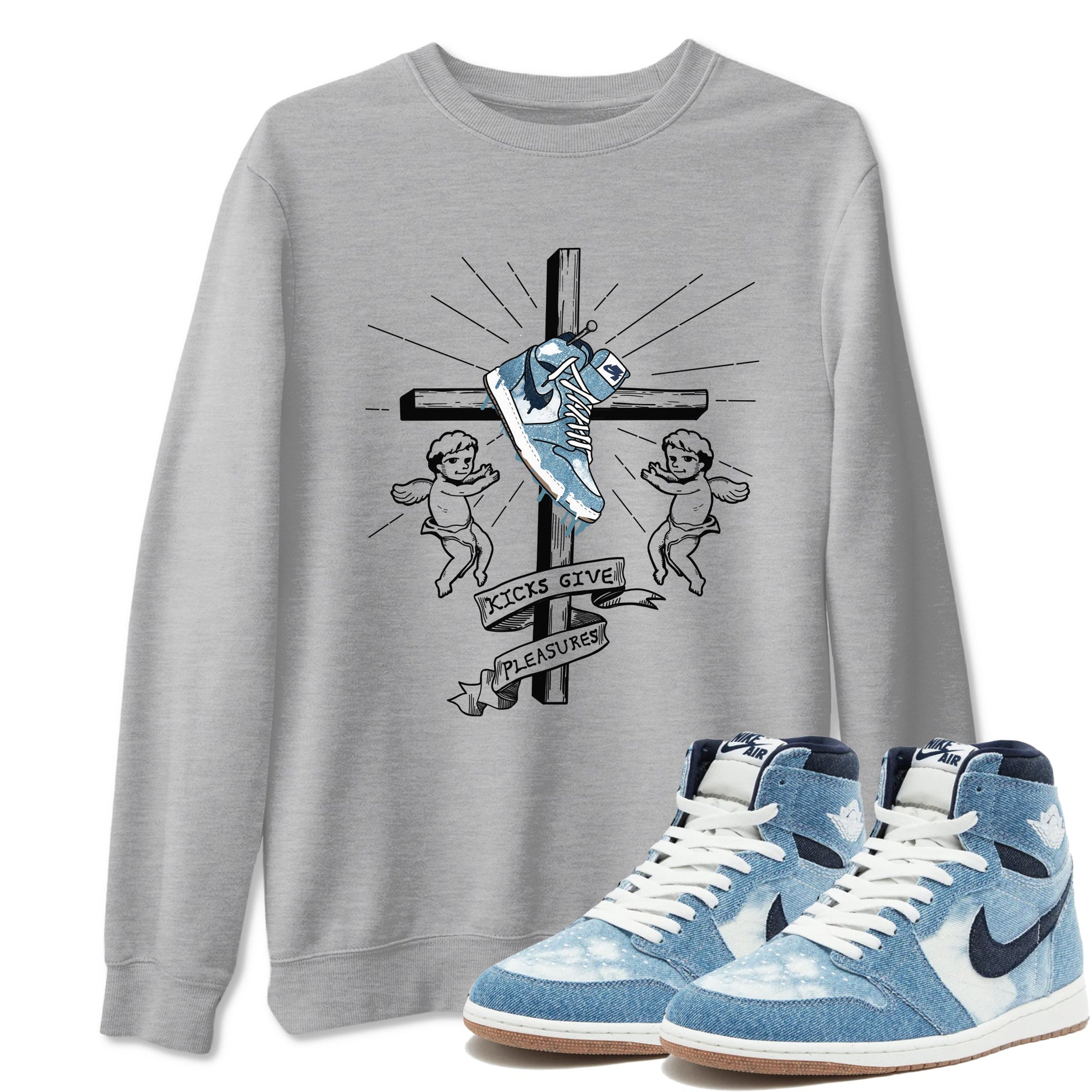 1s Denim shirts to match jordans Kicks Give Pleasures sneaker match tees Air Jordan 1 Denim SNRT Sneaker Tees streetwear brand Heather Grey 1 unisex cotton tee