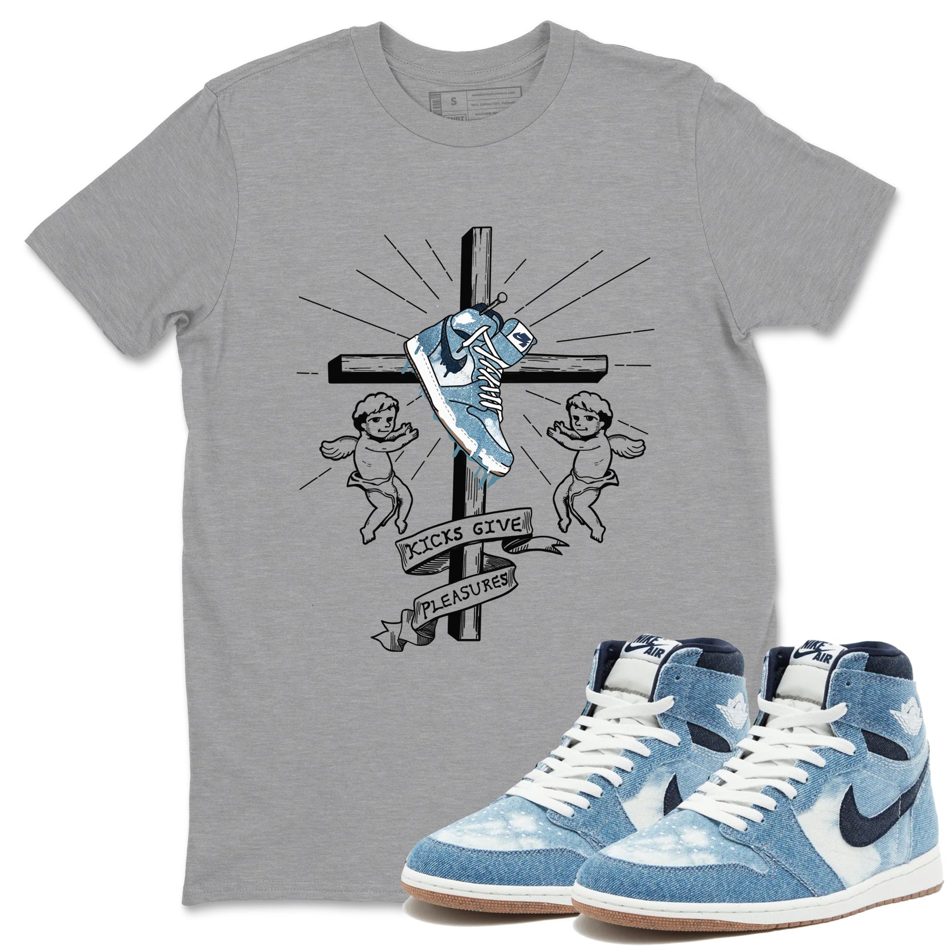 1s Denim shirts to match jordans Kicks Give Pleasures sneaker match tees Air Jordan 1 Denim SNRT Sneaker Tees streetwear brand Heather Grey 1 unisex cotton tee