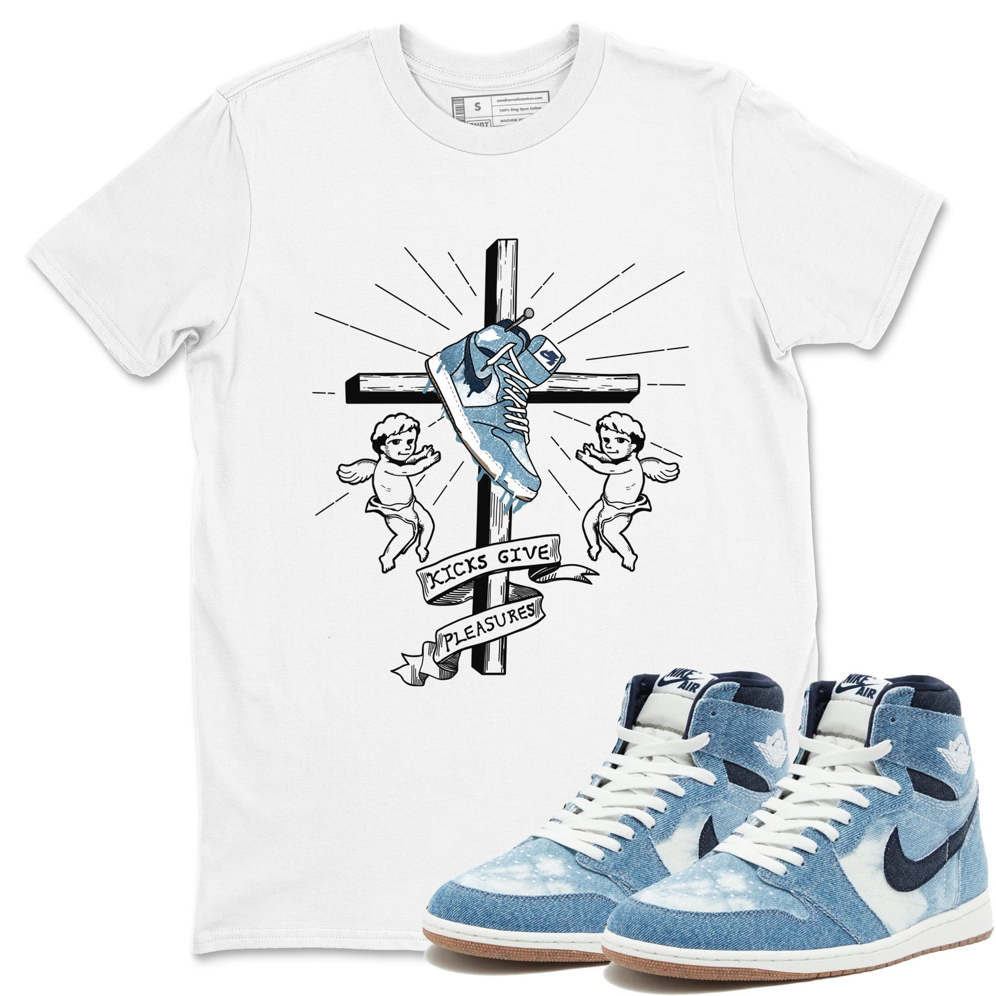 1s Denim shirts to match jordans Kicks Give Pleasures sneaker match tees Air Jordan 1 Denim SNRT Sneaker Tees streetwear brand White 1 unisex cotton tee