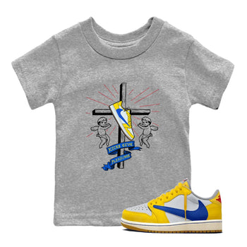 AJ1 Travis Scott Canary shirt to match jordans Kicks Give Pleasures sneaker tees Air Jordan 1 Travis Scott Canary SNRT sneaker release tees baby toddler Heather Grey 1 cotton Shirt