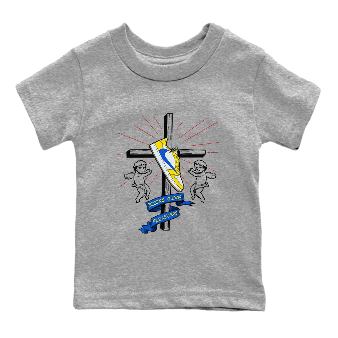 AJ1 Travis Scott Canary shirt to match jordans Kicks Give Pleasures sneaker tees Air Jordan 1 Travis Scott Canary SNRT sneaker release tees baby toddler Heather Grey 2 cotton Shirt