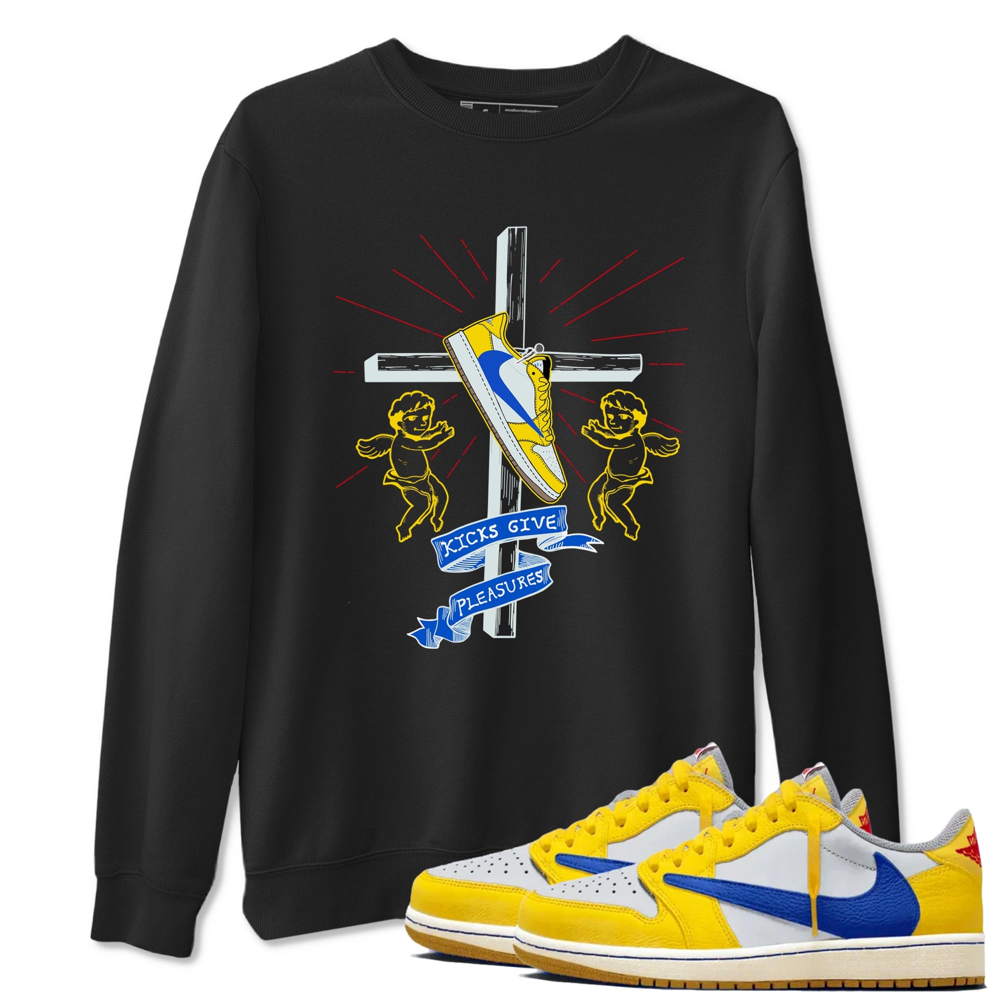 AJ1 Travis Scott Canary shirt to match jordans Kicks Give Pleasures sneaker tees Air Jordan 1 Travis Scott Canary SNRT Sneaker Release Tees unisex cotton Black 1 crew neck shirt