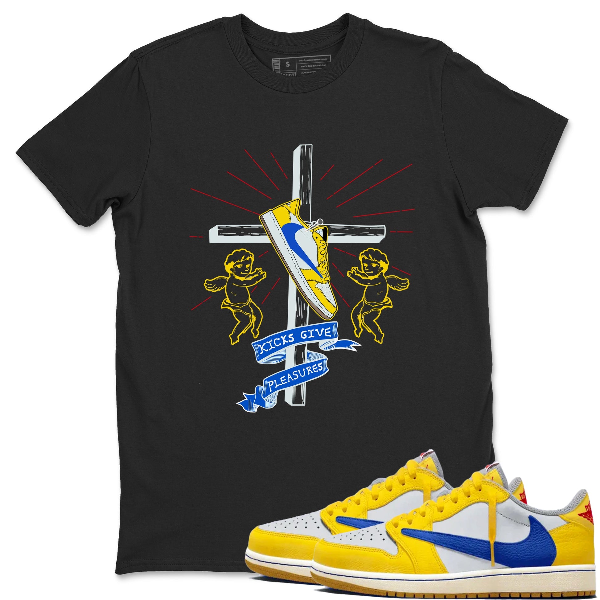 AJ1 Travis Scott Canary shirt to match jordans Kicks Give Pleasures sneaker tees Air Jordan 1 Travis Scott Canary SNRT Sneaker Release Tees unisex cotton Black 1 crew neck shirt