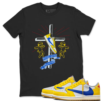 AJ1 Travis Scott Canary shirt to match jordans Kicks Give Pleasures sneaker tees Air Jordan 1 Travis Scott Canary SNRT Sneaker Release Tees unisex cotton Black 1 crew neck shirt
