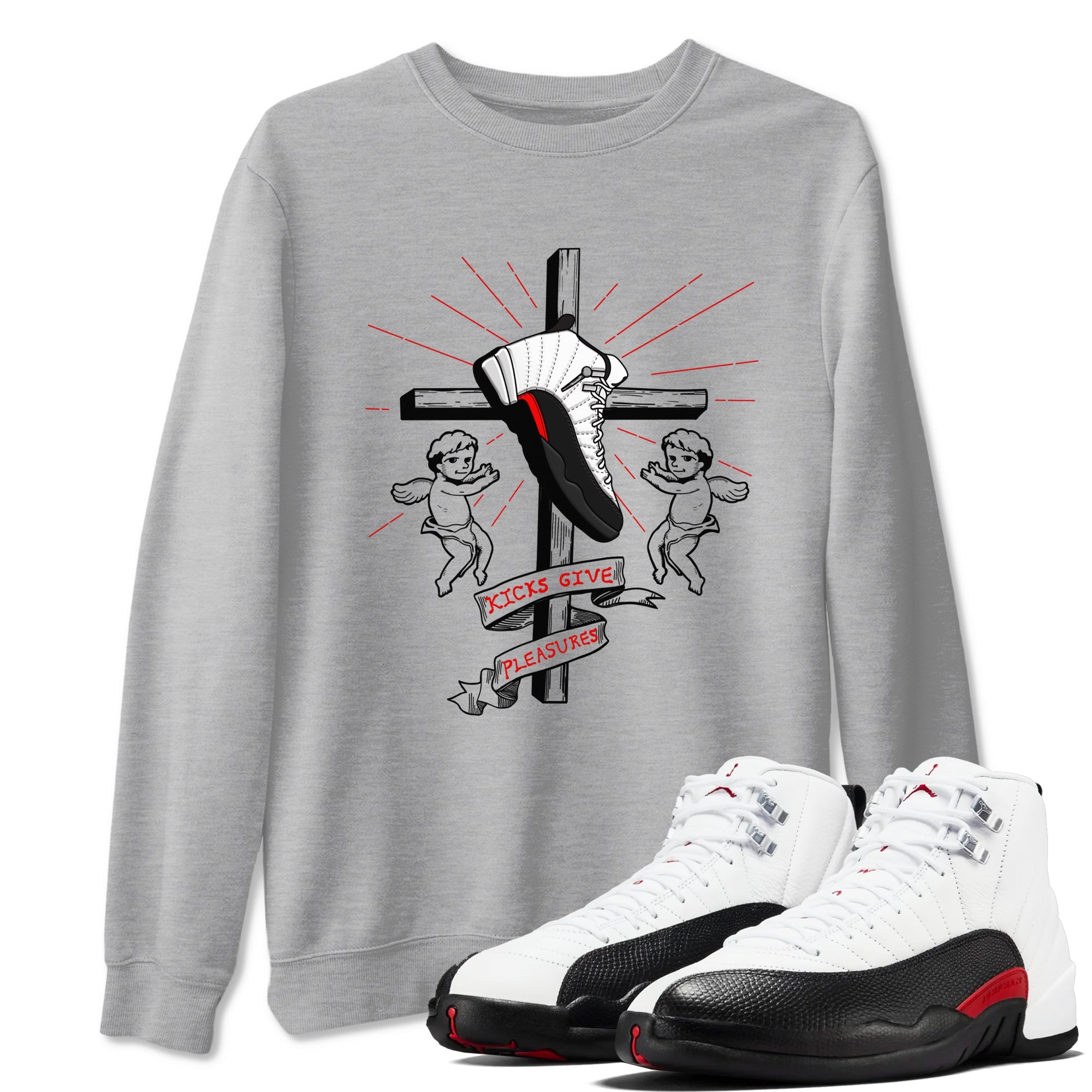 Air Jordan 12 Red Taxi shirts to match jordans Kicks Give Pleasures sneaker match tees 12s Red Taxi SNRT sneaker release Tees unisex cotton Heather Grey 1 crew neck shirt