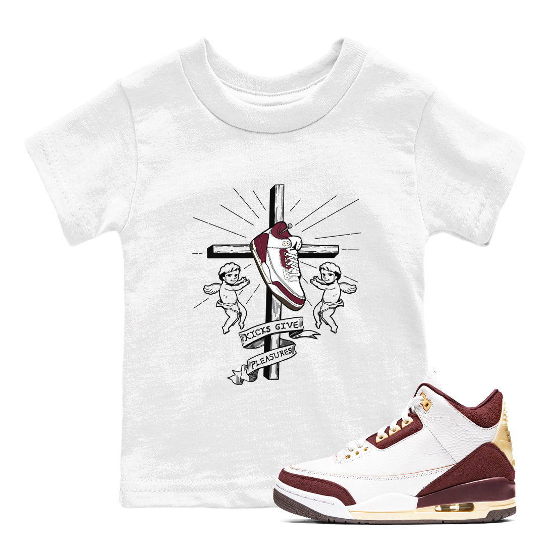AJ3 A Ma Maniere x Burgundy Crush shirts to match jordans Kicks Give Pleasures sneaker match tees A Ma Maniére x Air Jordan 3 "Burgundy Crush" SNRT Sneaker Tees streetwear brand Baby and Youth White 1 cotton tee