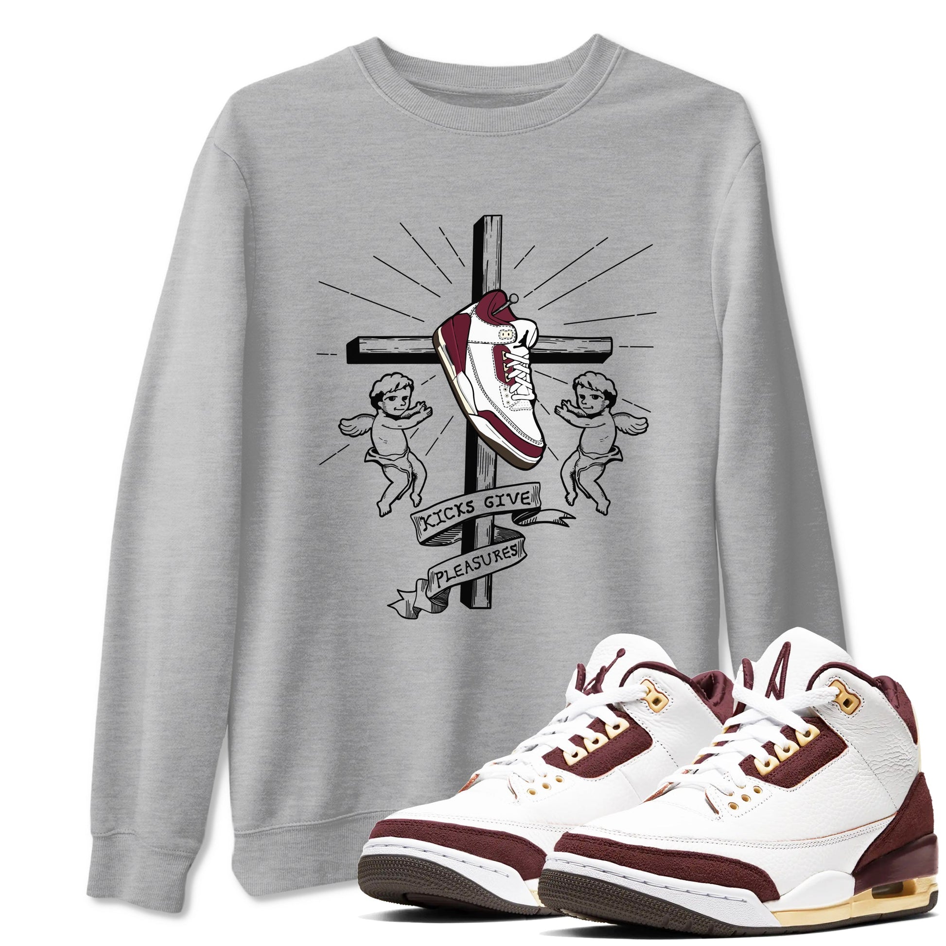 AJ3 A Ma Maniere x Burgundy Crush shirts to match jordans Kicks Give Pleasures sneaker match tees A Ma Maniére x Air Jordan 3 "Burgundy Crush" SNRT Sneaker Tees streetwear brand Heather Grey 1 unisex cotton tee