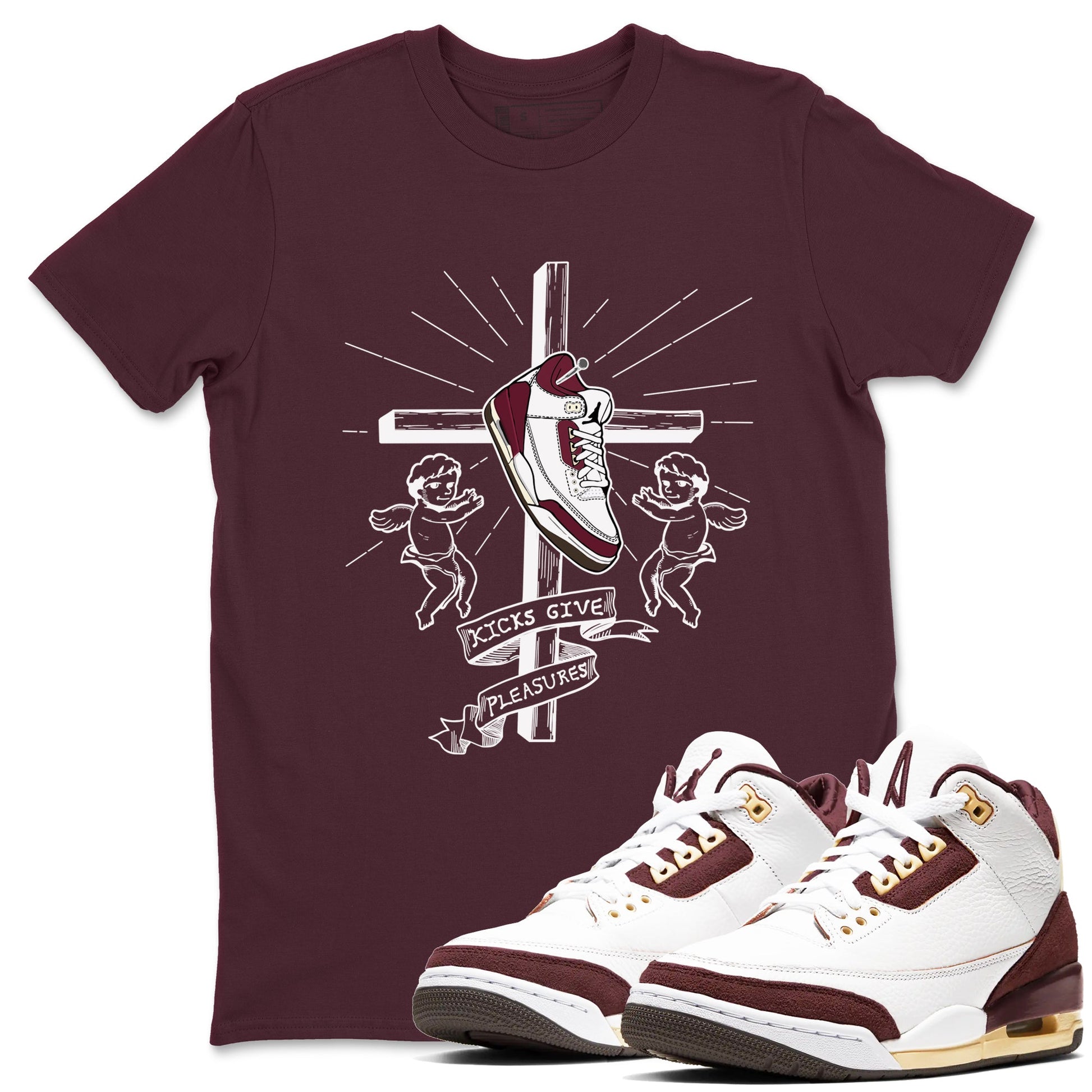 AJ3 A Ma Maniere x Burgundy Crush shirts to match jordans Kicks Give Pleasures sneaker match tees A Ma Maniére x Air Jordan 3 "Burgundy Crush" SNRT Sneaker Tees streetwear brand Maroon 1 unisex cotton tee