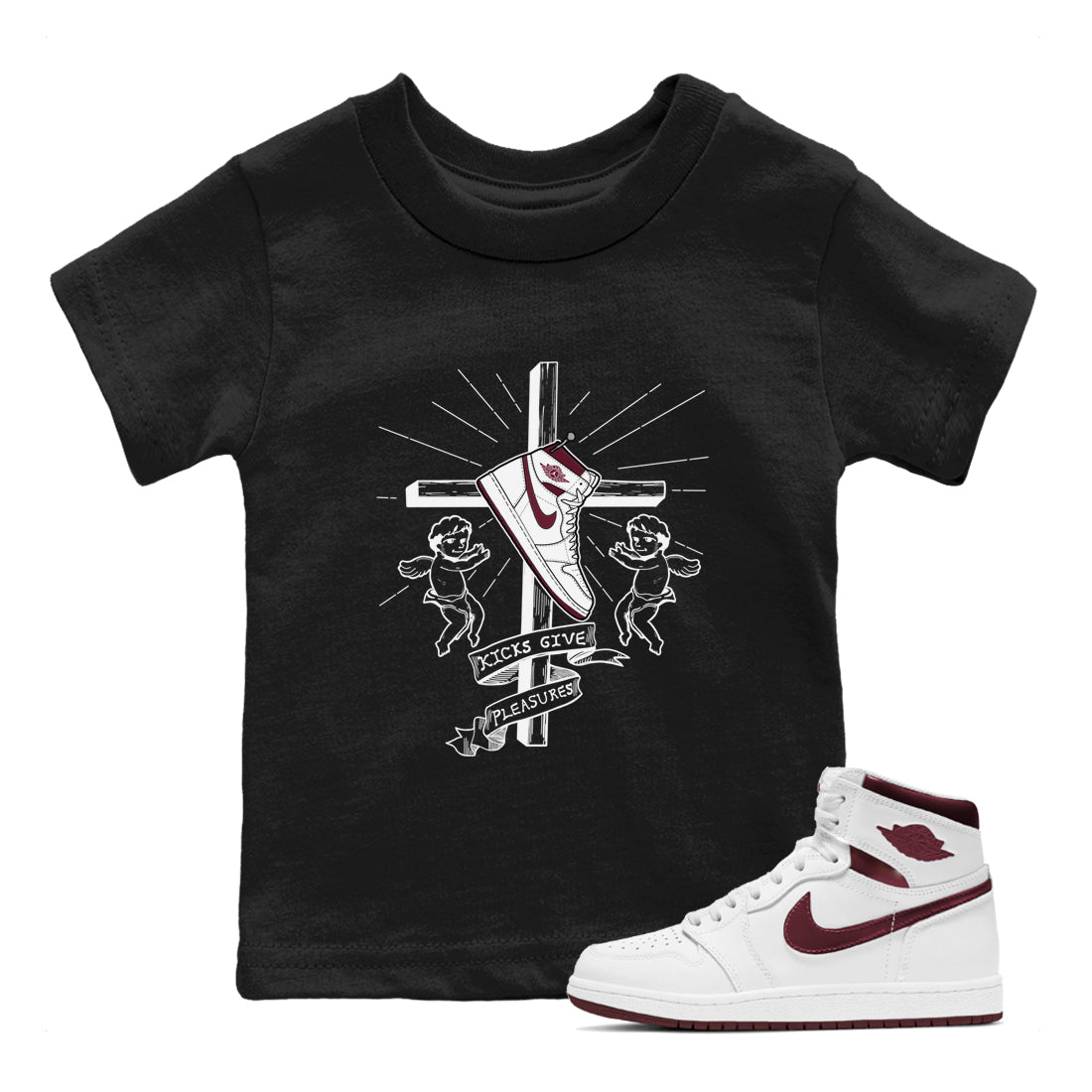 AJ1 High '85 Metallic Burgundy shirts to match jordans Kicks Give You Pleasures sneaker match tees 1s High '85 Metallic Burgundy SNRT Sneaker Tees streetwear brand Baby and Youth Black 1 cotton tee