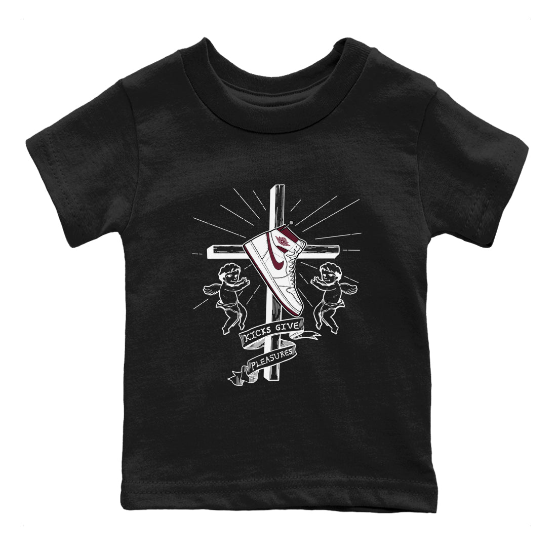 AJ1 High '85 Metallic Burgundy shirts to match jordans Kicks Give You Pleasures sneaker match tees 1s High '85 Metallic Burgundy SNRT Sneaker Tees streetwear brand Baby and Youth Black 2 cotton tee