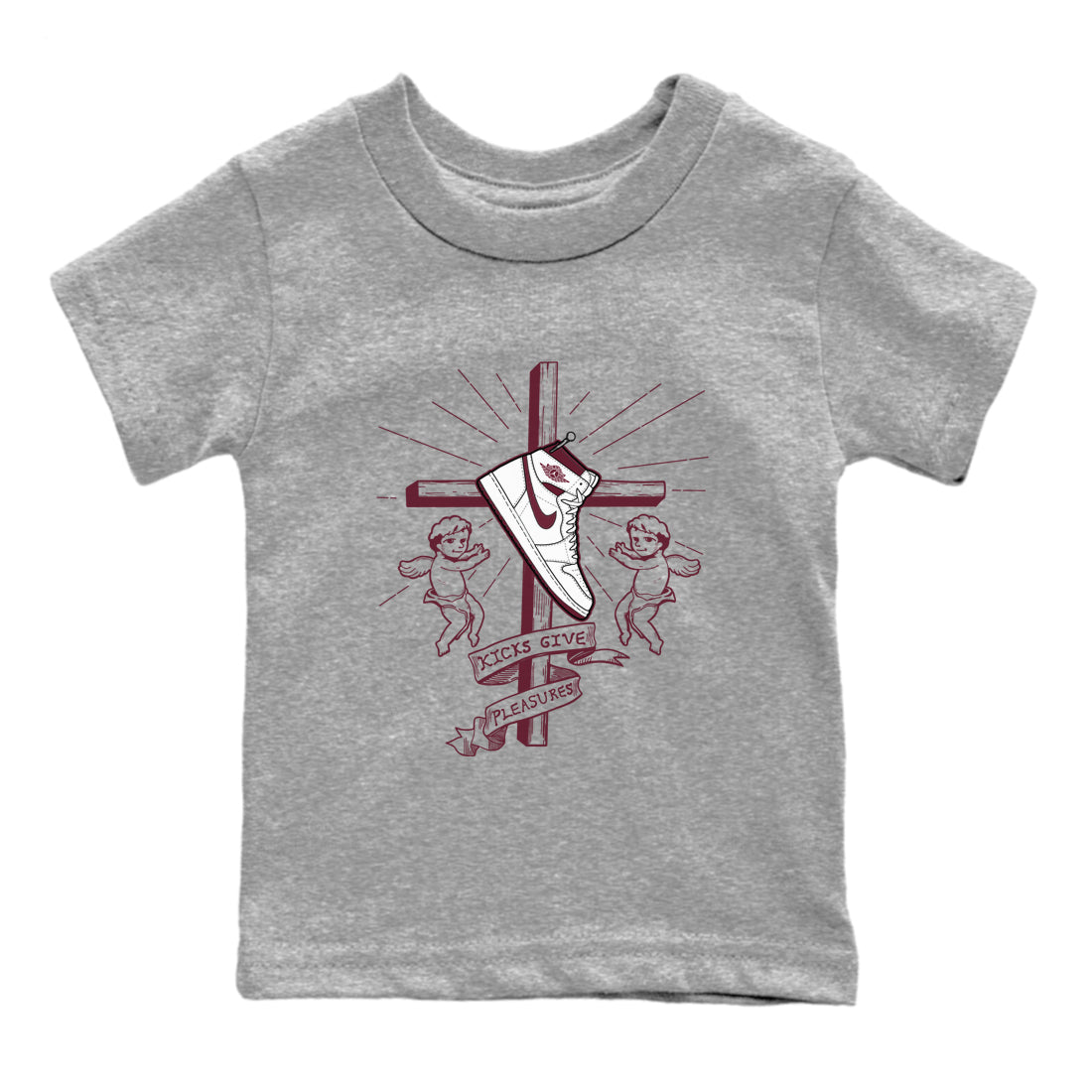 AJ1 High '85 Metallic Burgundy shirts to match jordans Kicks Give You Pleasures sneaker match tees 1s High '85 Metallic Burgundy SNRT Sneaker Tees streetwear brand Baby and Youth Heather Grey 2 cotton tee