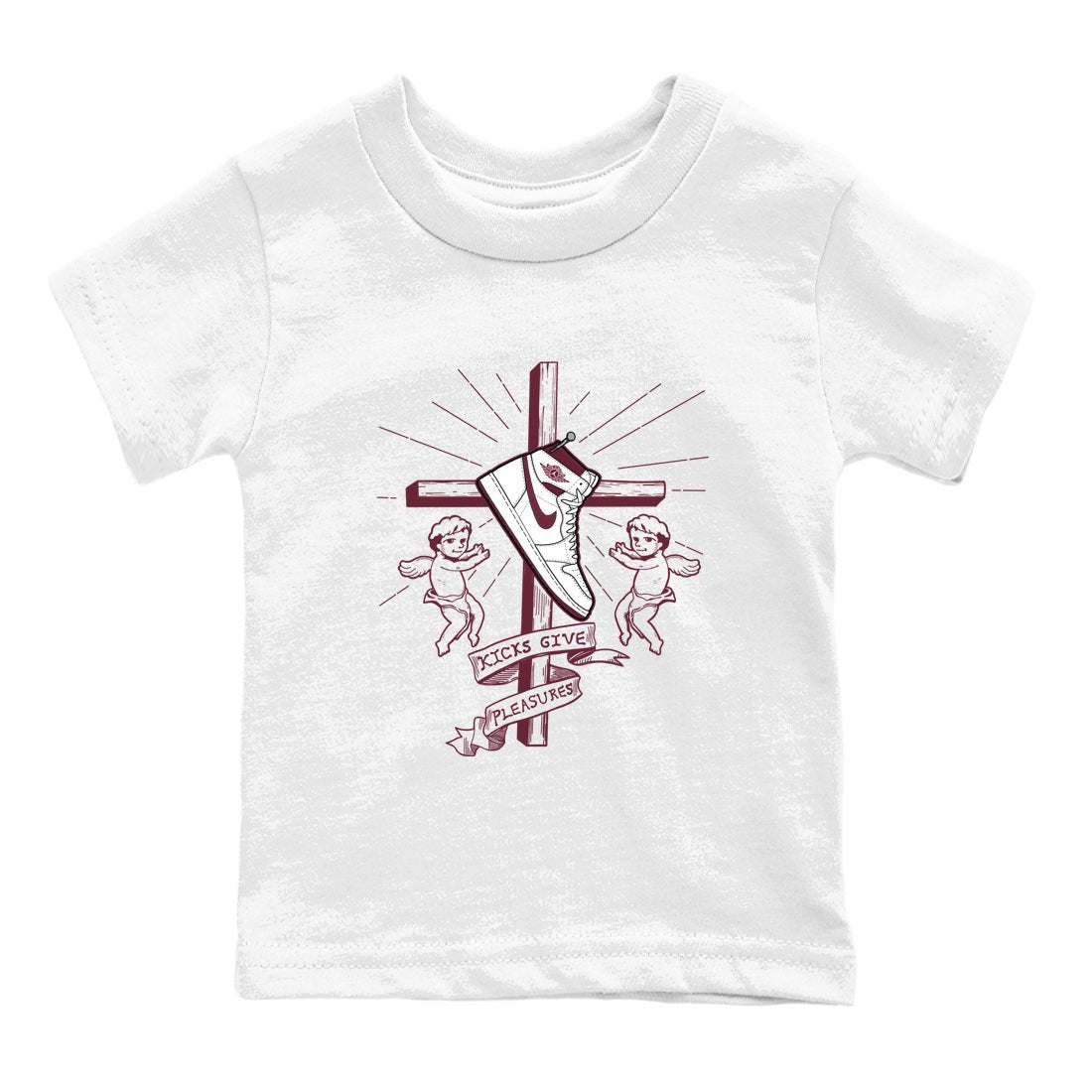 AJ1 High '85 Metallic Burgundy shirts to match jordans Kicks Give You Pleasures sneaker match tees 1s High '85 Metallic Burgundy SNRT Sneaker Tees streetwear brand Baby and Youth White 2 cotton tee