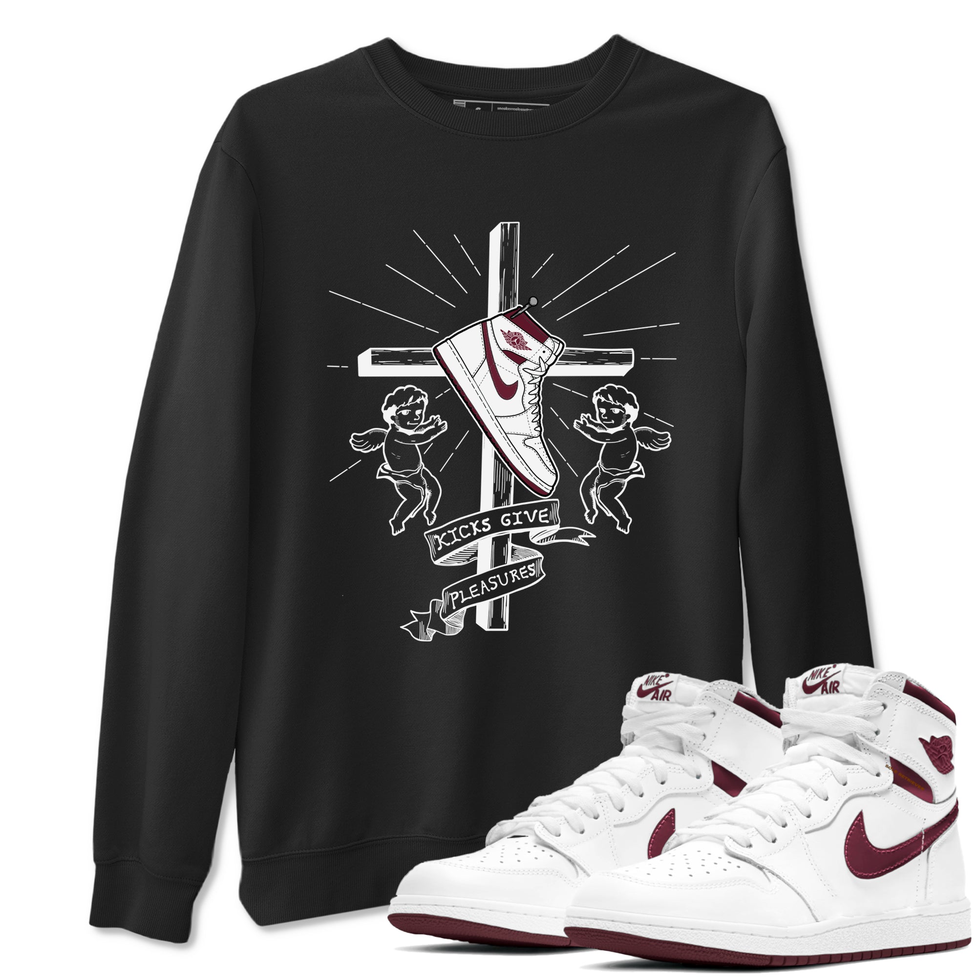 AJ1 High '85 Metallic Burgundy shirts to match jordans Kicks Give You Pleasures sneaker match tees 1s High '85 Metallic Burgundy SNRT Sneaker Tees streetwear brand Black 1 unisex cotton tee