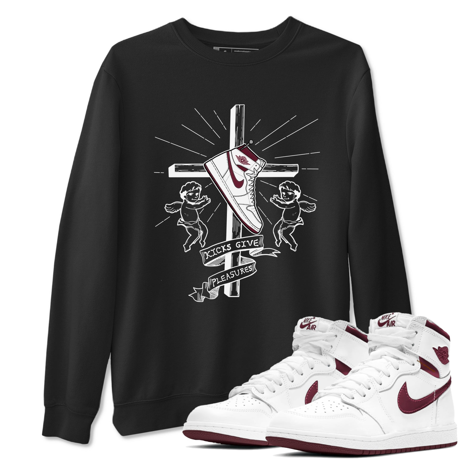 AJ1 High '85 Metallic Burgundy shirts to match jordans Kicks Give You Pleasures sneaker match tees 1s High '85 Metallic Burgundy SNRT Sneaker Tees streetwear brand Black 1 unisex cotton tee