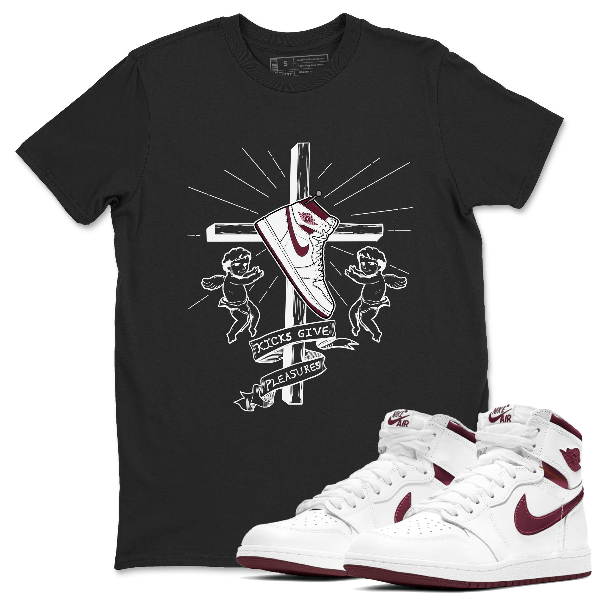 AJ1 High '85 Metallic Burgundy shirts to match jordans Kicks Give You Pleasures sneaker match tees 1s High '85 Metallic Burgundy SNRT Sneaker Tees streetwear brand Black 1 unisex cotton tee