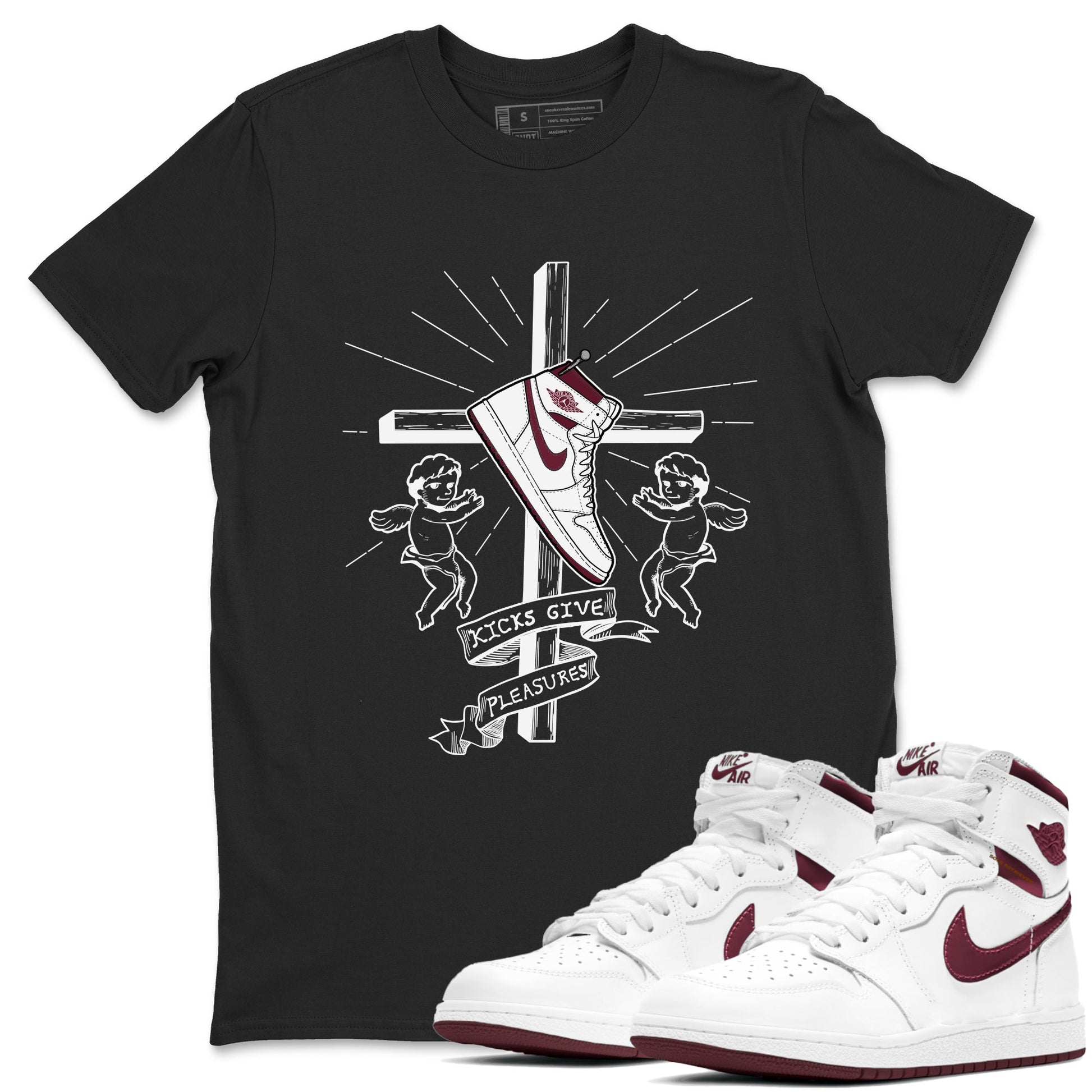 AJ1 High '85 Metallic Burgundy shirts to match jordans Kicks Give You Pleasures sneaker match tees 1s High '85 Metallic Burgundy SNRT Sneaker Tees streetwear brand Black 1 unisex cotton tee