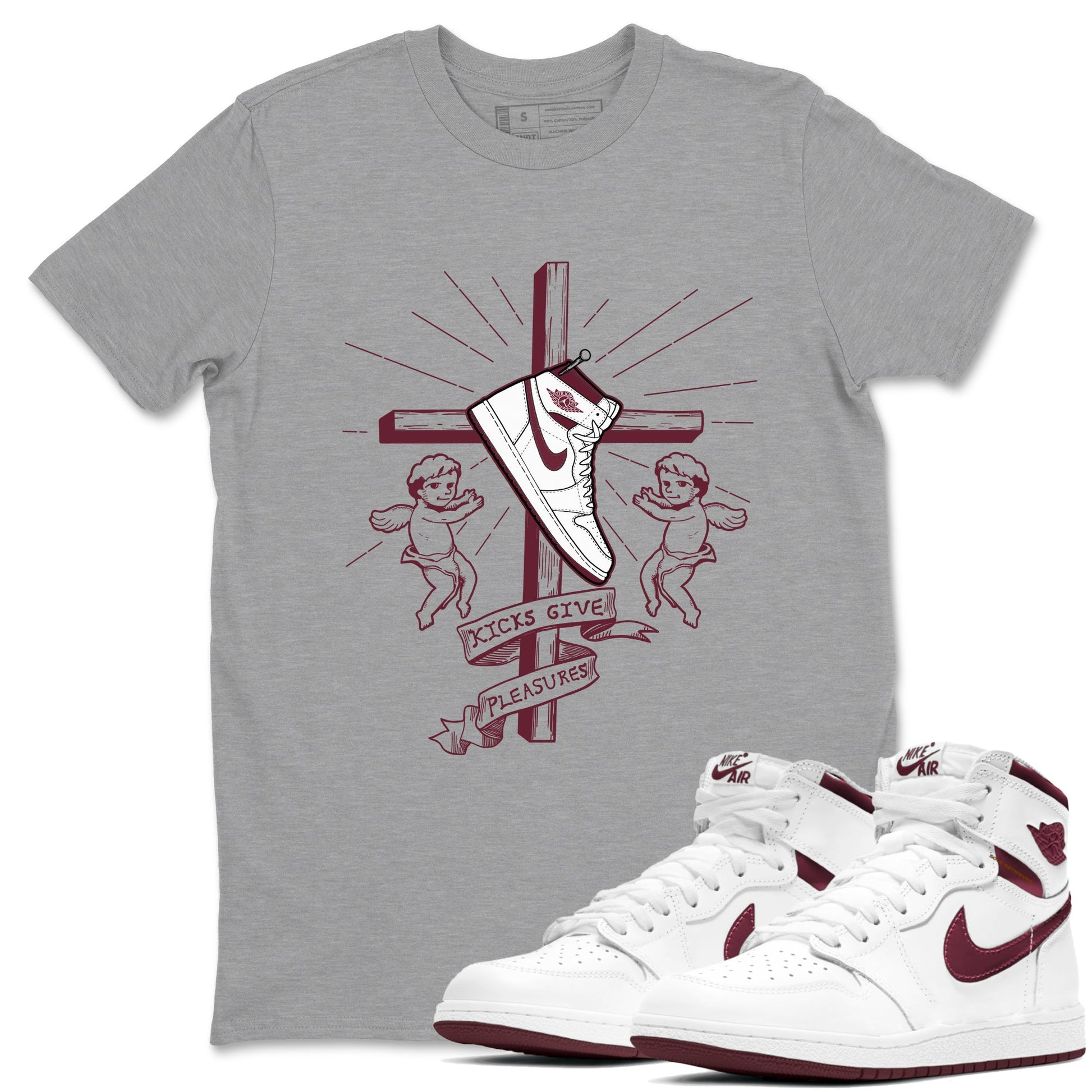 AJ1 High '85 Metallic Burgundy shirts to match jordans Kicks Give You Pleasures sneaker match tees 1s High '85 Metallic Burgundy SNRT Sneaker Tees streetwear brand Heather Grey 1 unisex cotton tee