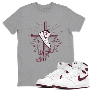 AJ1 High '85 Metallic Burgundy shirts to match jordans Kicks Give You Pleasures sneaker match tees 1s High '85 Metallic Burgundy SNRT Sneaker Tees streetwear brand Heather Grey 1 unisex cotton tee