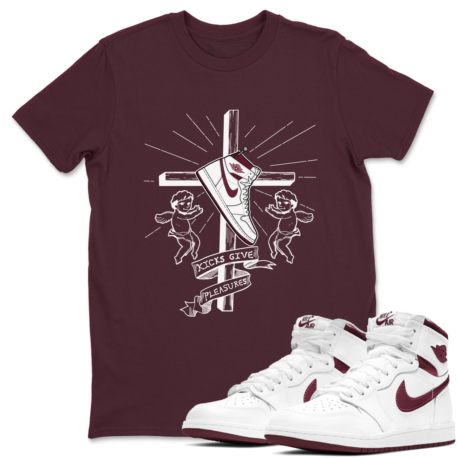 AJ1 High '85 Metallic Burgundy shirts to match jordans Kicks Give You Pleasures sneaker match tees 1s High '85 Metallic Burgundy SNRT Sneaker Tees streetwear brand Maroon 1 unisex cotton tee