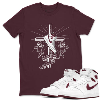 AJ1 High '85 Metallic Burgundy shirts to match jordans Kicks Give You Pleasures sneaker match tees 1s High '85 Metallic Burgundy SNRT Sneaker Tees streetwear brand Maroon 1 unisex cotton tee