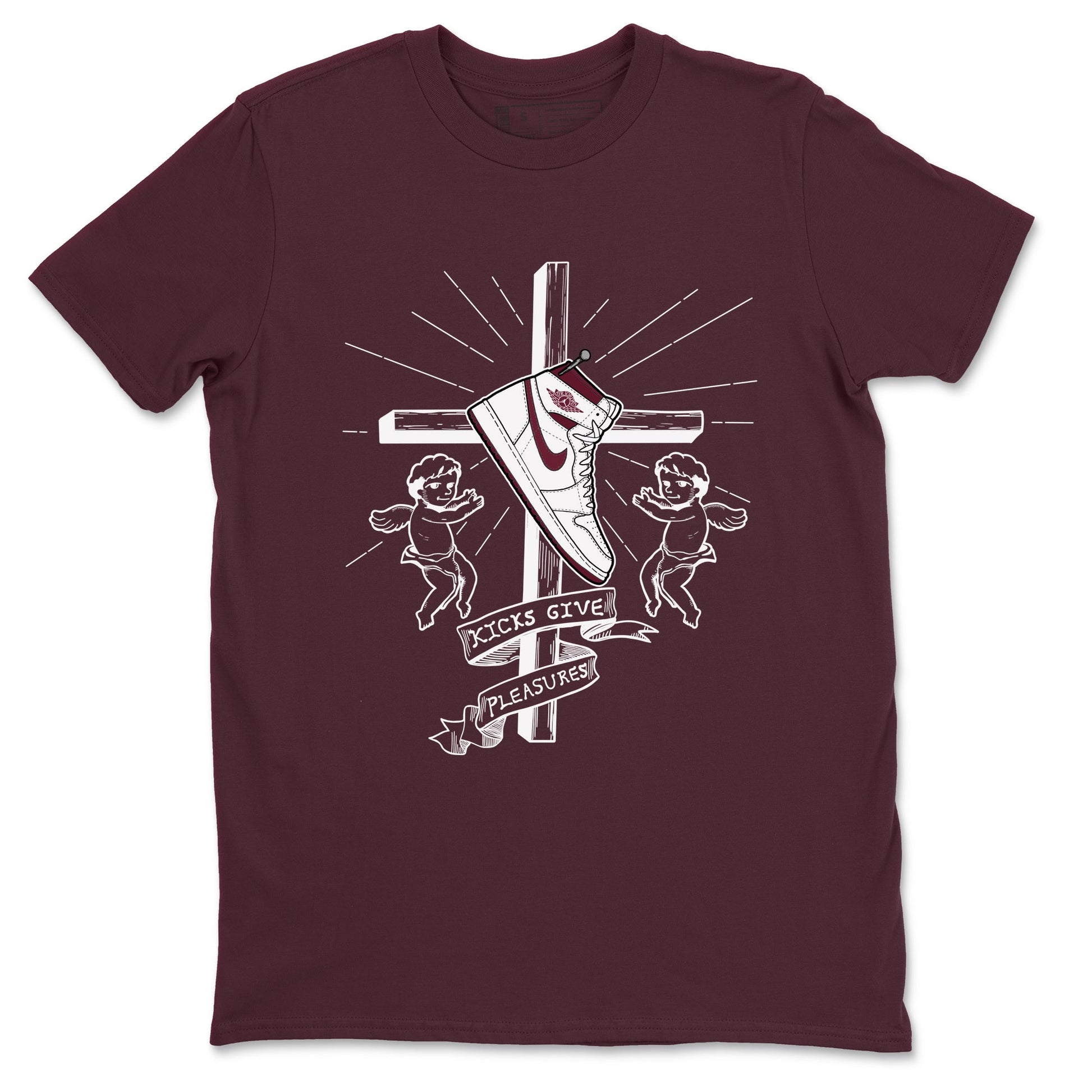 AJ1 High '85 Metallic Burgundy shirts to match jordans Kicks Give You Pleasures sneaker match tees 1s High '85 Metallic Burgundy SNRT Sneaker Tees streetwear brand Maroon 2 unisex cotton tee