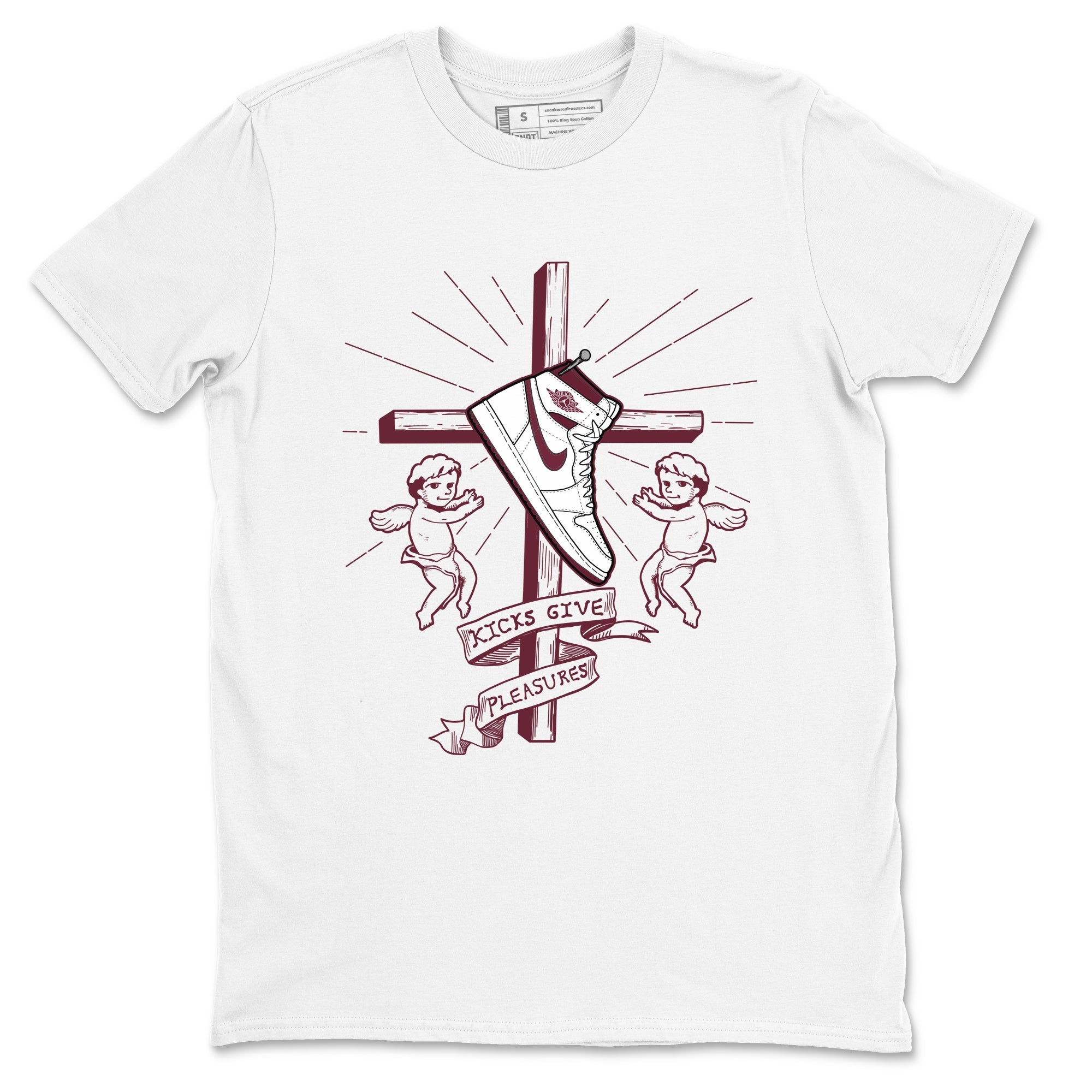 AJ1 High '85 Metallic Burgundy shirts to match jordans Kicks Give You Pleasures sneaker match tees 1s High '85 Metallic Burgundy SNRT Sneaker Tees streetwear brand White 2 unisex cotton tee