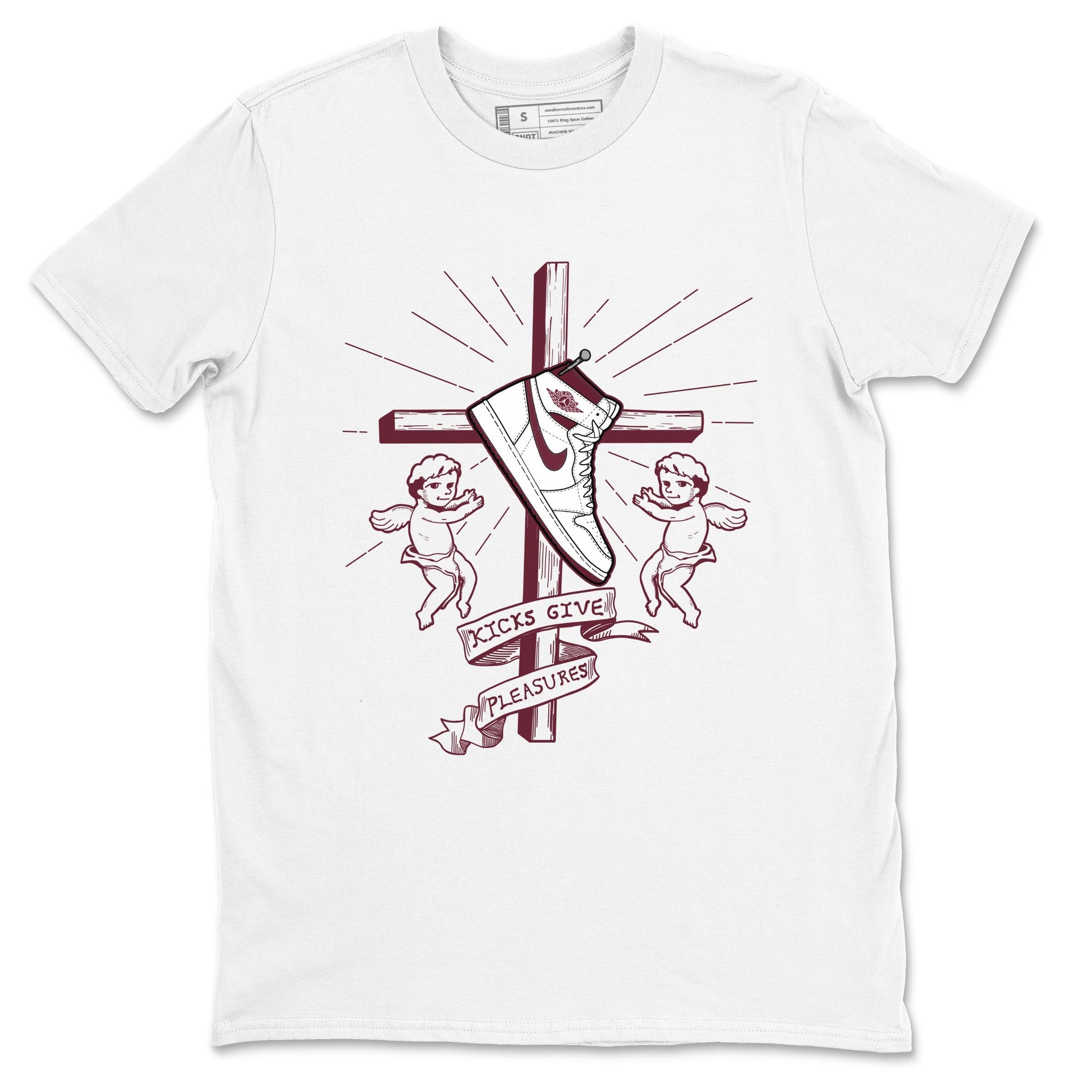 AJ1 High '85 Metallic Burgundy shirts to match jordans Kicks Give You Pleasures sneaker match tees 1s High '85 Metallic Burgundy SNRT Sneaker Tees streetwear brand White 2 unisex cotton tee