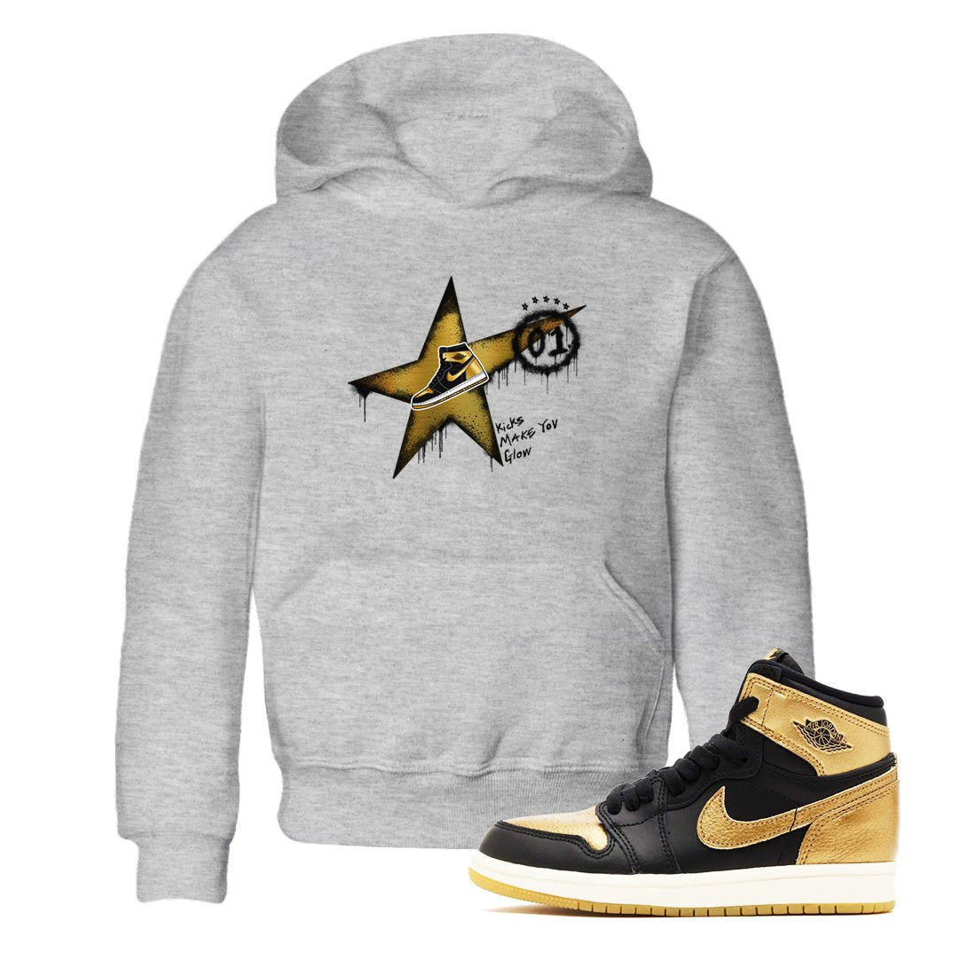 1s Black Metallic Gold shirts to match jordans Kicks Make You Glow sneaker match tees Jordan 1 High OG Black and Gold SNRT Sneaker Tees streetwear brand Baby and Youth Heather Grey 1 cotton tee