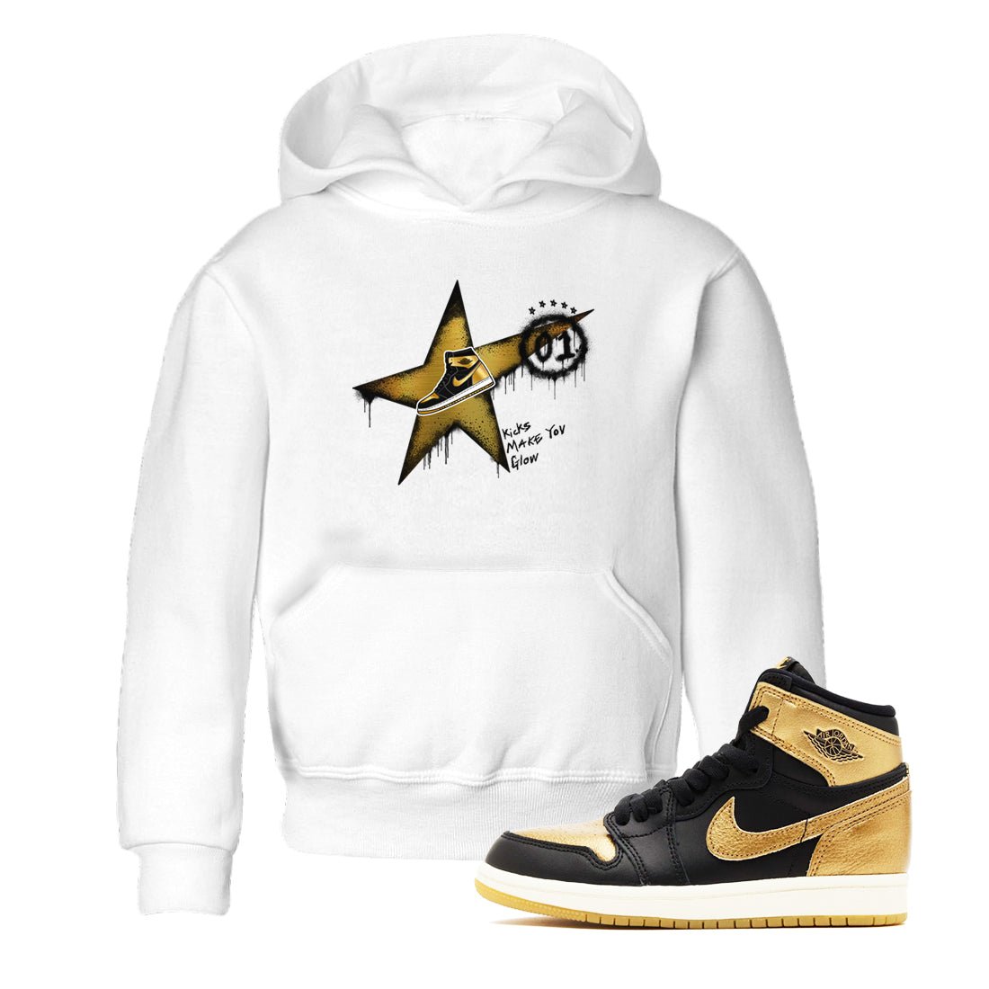 1s Black Metallic Gold shirts to match jordans Kicks Make You Glow sneaker match tees Jordan 1 High OG Black and Gold SNRT Sneaker Tees streetwear brand Baby and Youth White 1 cotton tee